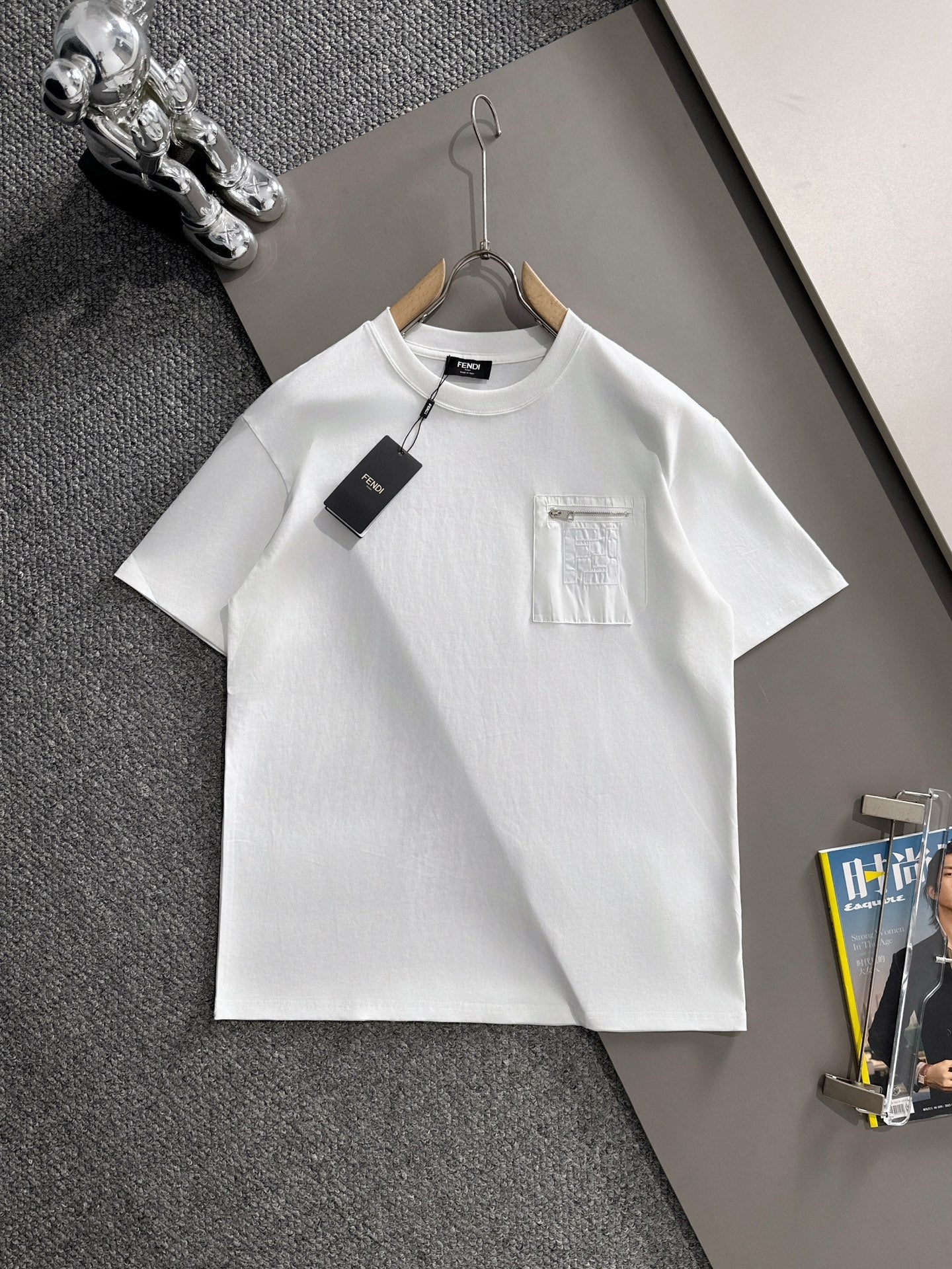 Fendi Flocked Double F Logo Zipper Pocket T-Shirt – 2025SS