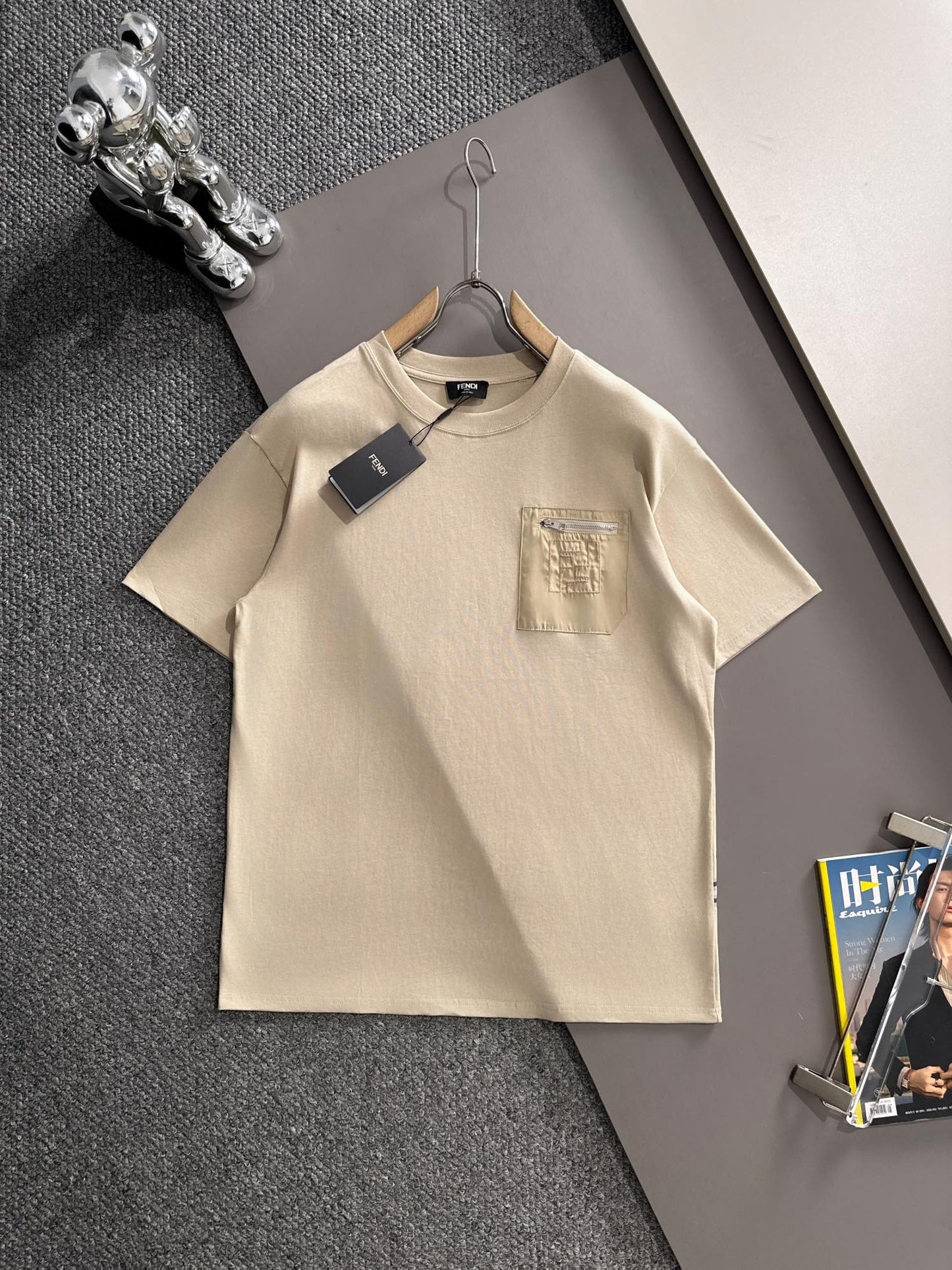 Fendi Flocked Double F Logo Zipper Pocket T-Shirt – 2025SS