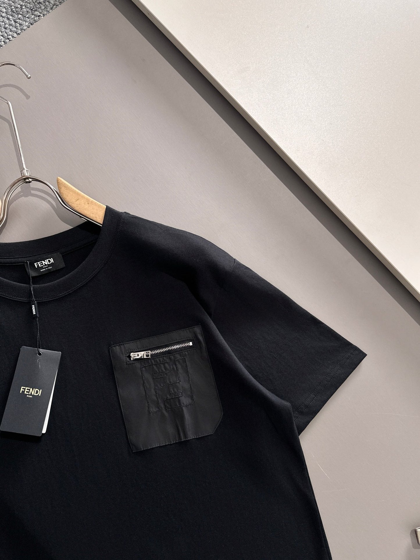Fendi Flocked Double F Logo Zipper Pocket T-Shirt – 2025SS