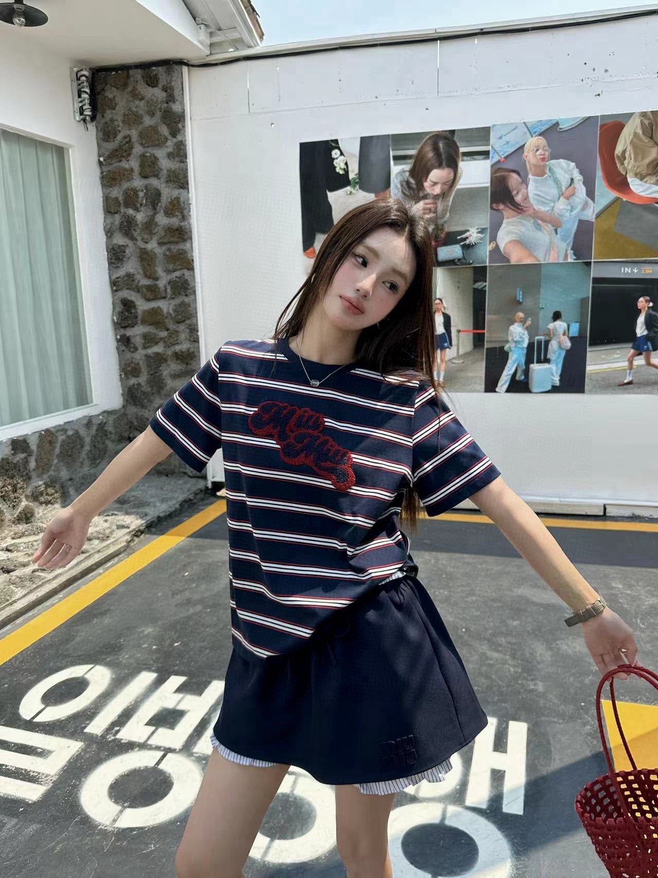 Miu Miu Embroidered Striped T-Shirt