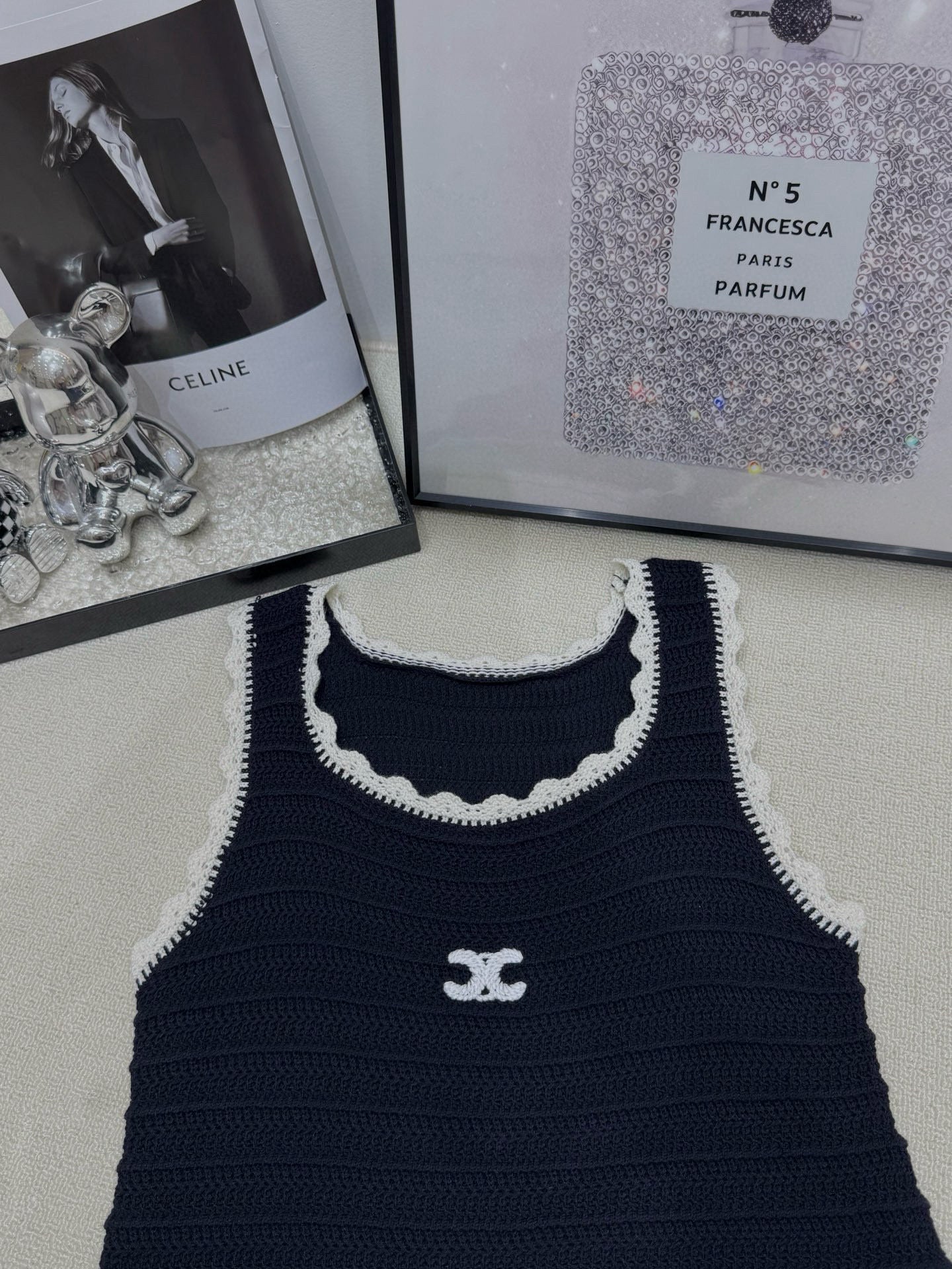 Celine Triomphe Embroidered Knitted Vest Dress