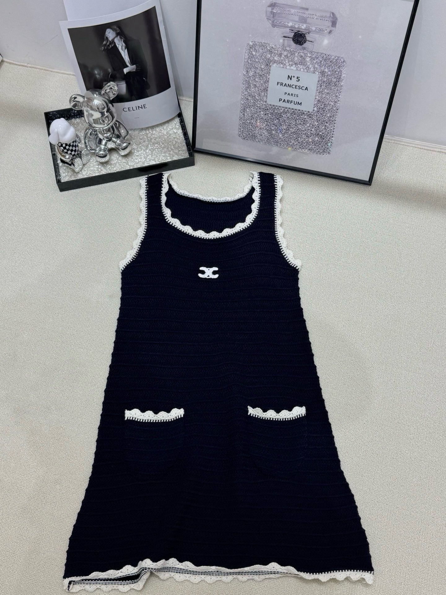 Celine Triomphe Embroidered Knitted Vest Dress