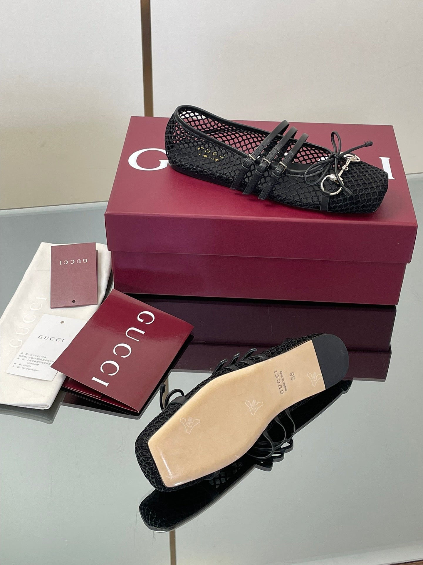 Gucci Horsebit Mesh Square-Toe Ballerina Flats – 25FW