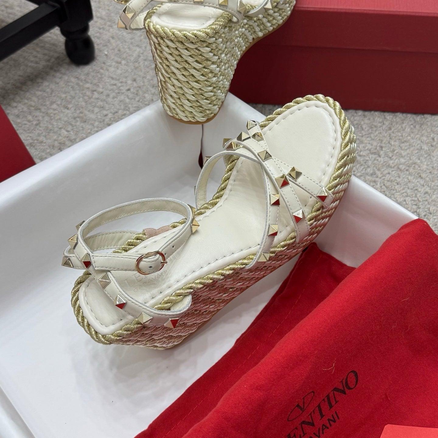 Valentino Rivet Hemp Rope Woven Wedge Sandals – Spring/Summer Collection