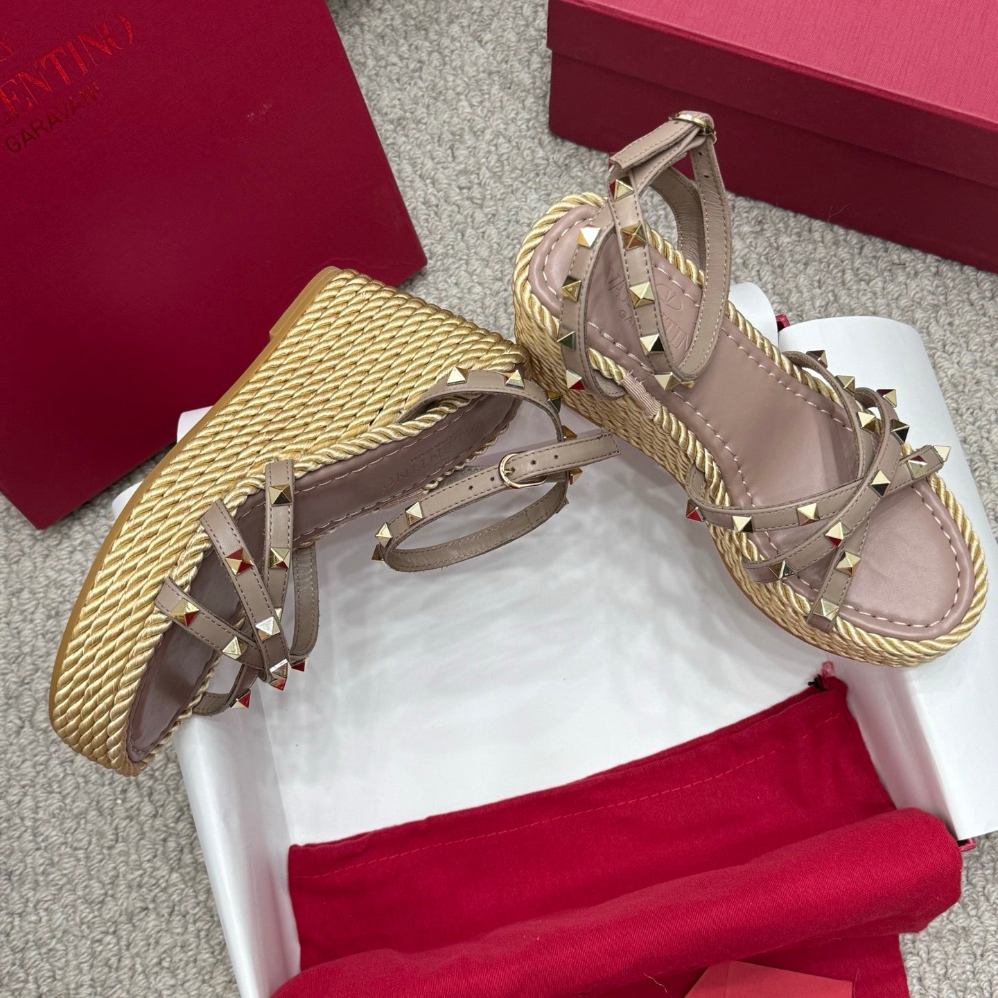 Valentino Rivet Hemp Rope Woven Wedge Sandals – Spring/Summer Collection