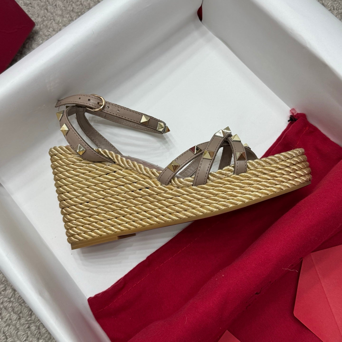 Valentino Rivet Hemp Rope Woven Wedge Sandals – Spring/Summer Collection