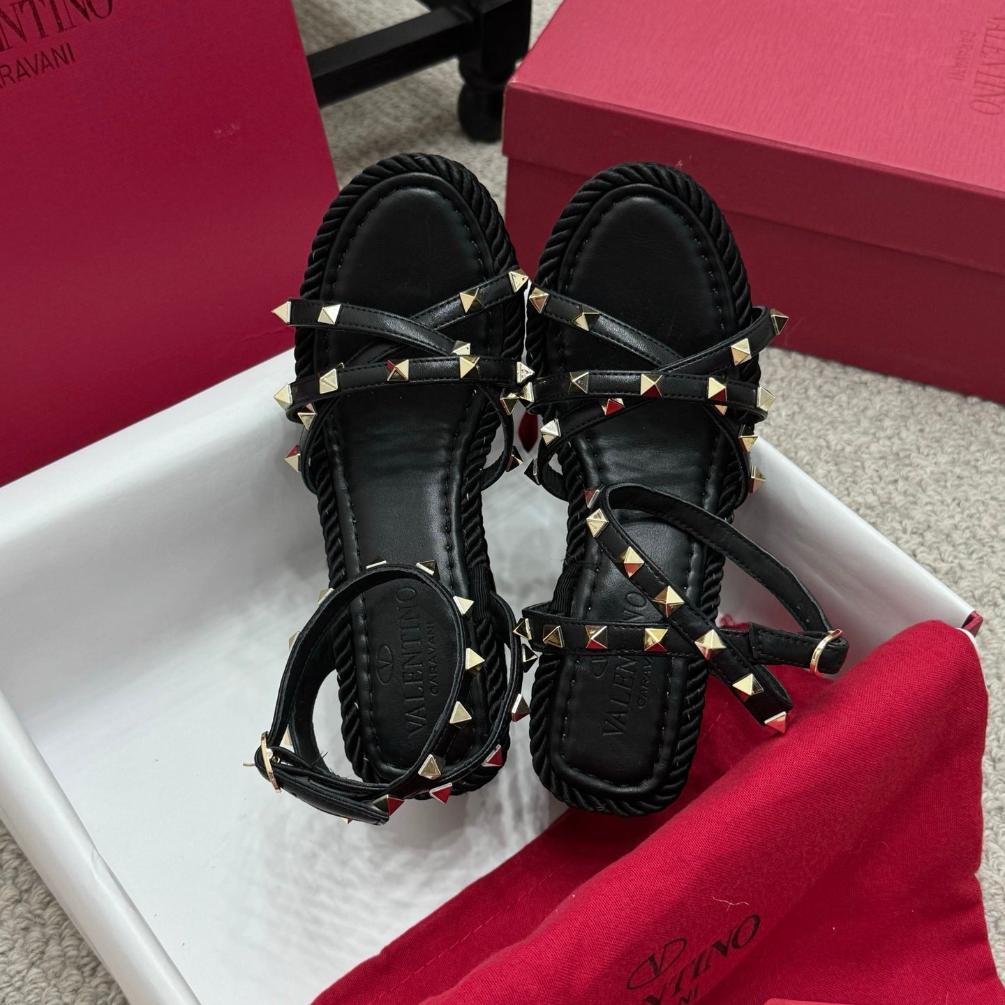 Valentino Rivet Hemp Rope Woven Wedge Sandals – Spring/Summer Collection