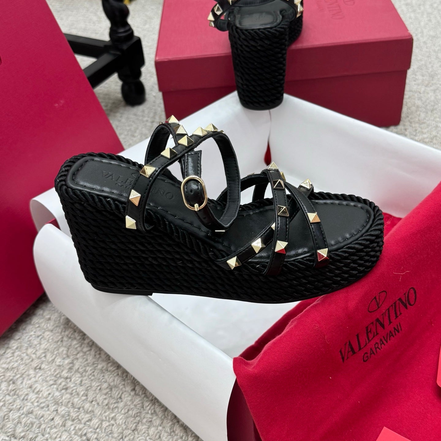 Valentino Rivet Hemp Rope Woven Wedge Sandals – Spring/Summer Collection
