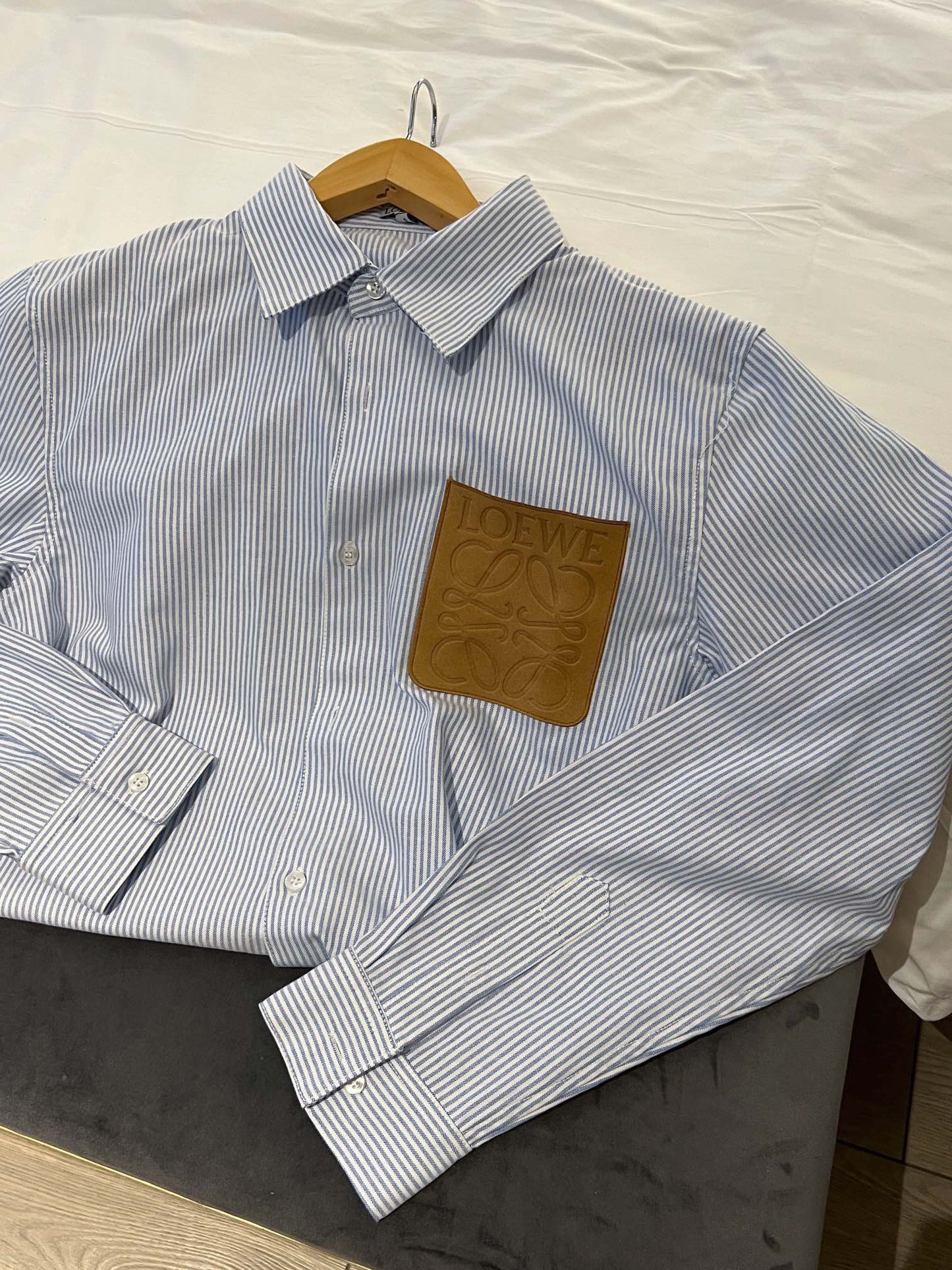 Loewe Embossed Logo Suede Pocket Striped Shirt