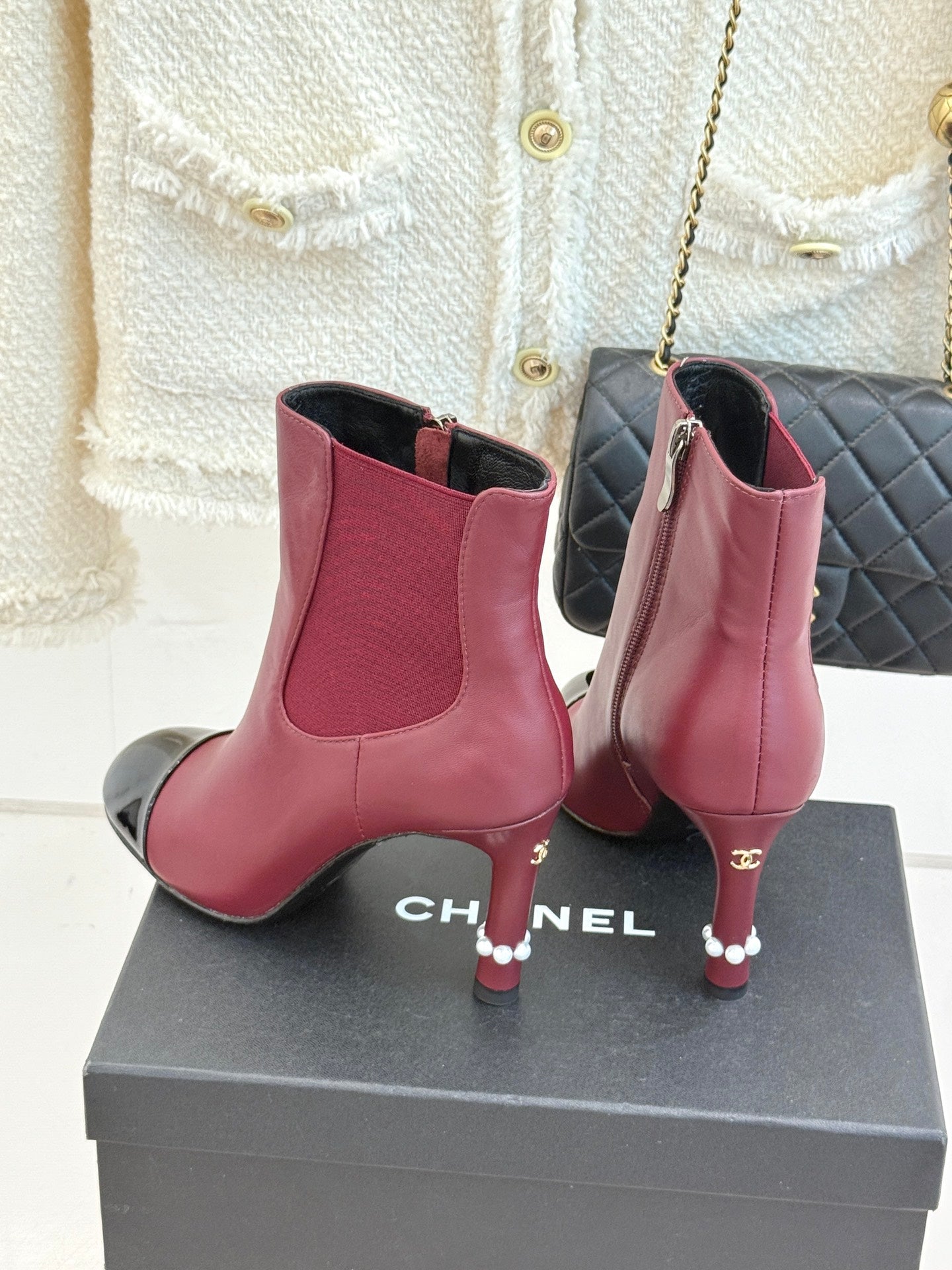 Chanel Classic Color-Block Pearl Heel Ankle Boots