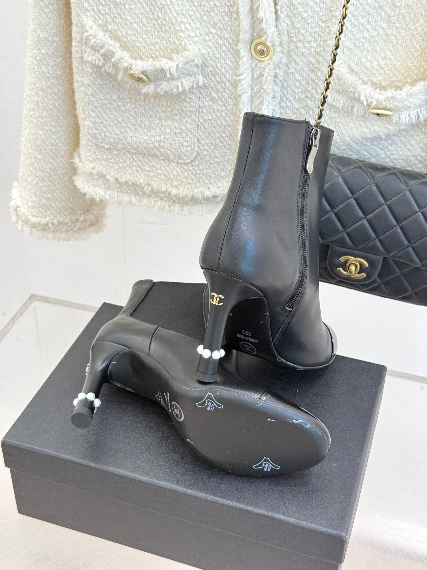 Chanel Classic Color-Block Pearl Heel Ankle Boots