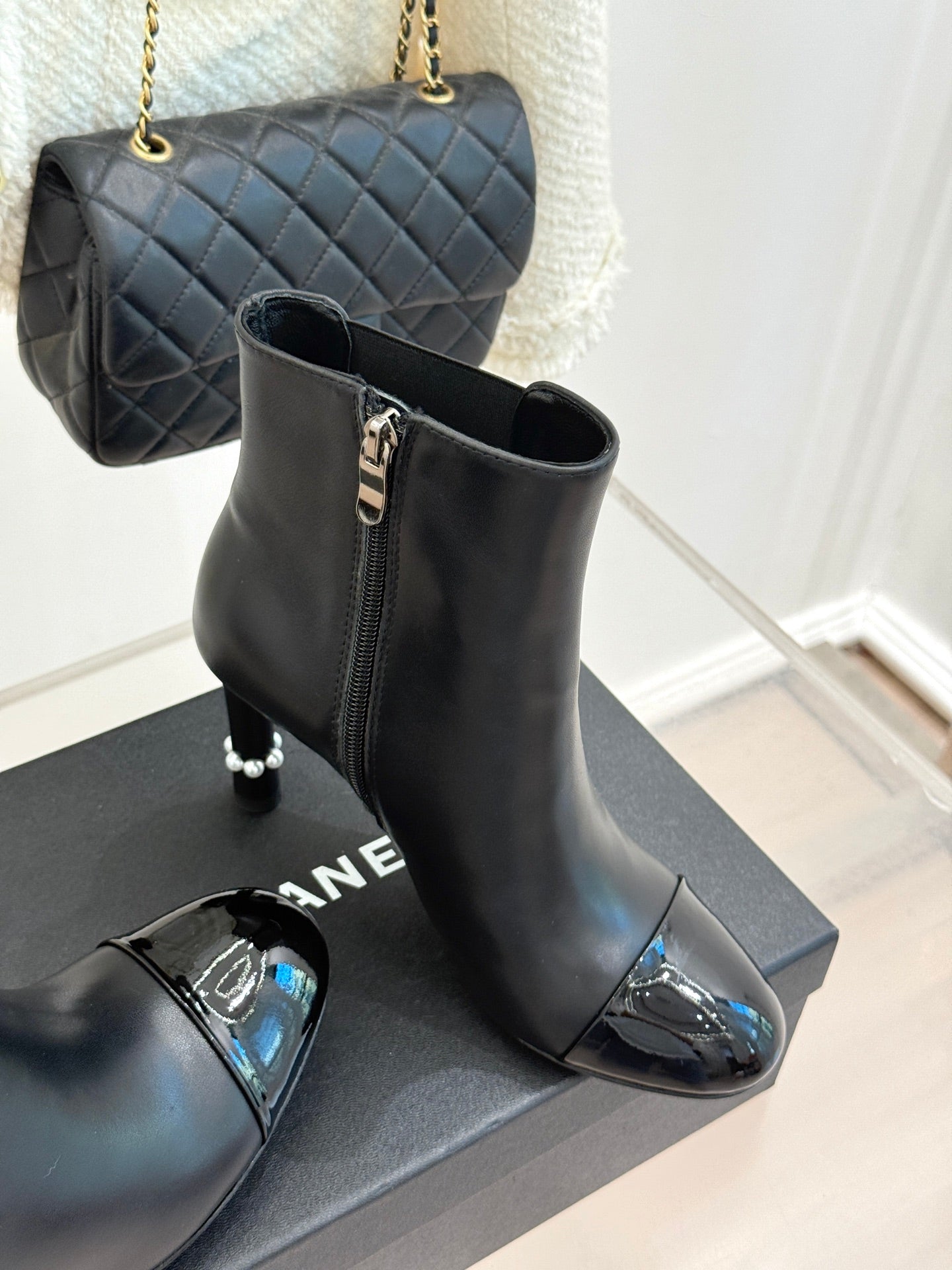 Chanel Classic Color-Block Pearl Heel Ankle Boots