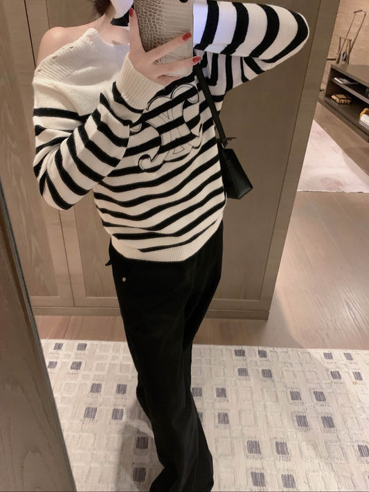 Celine Arc de Triomphe Appliqué Embroidered Striped Knit Sweater