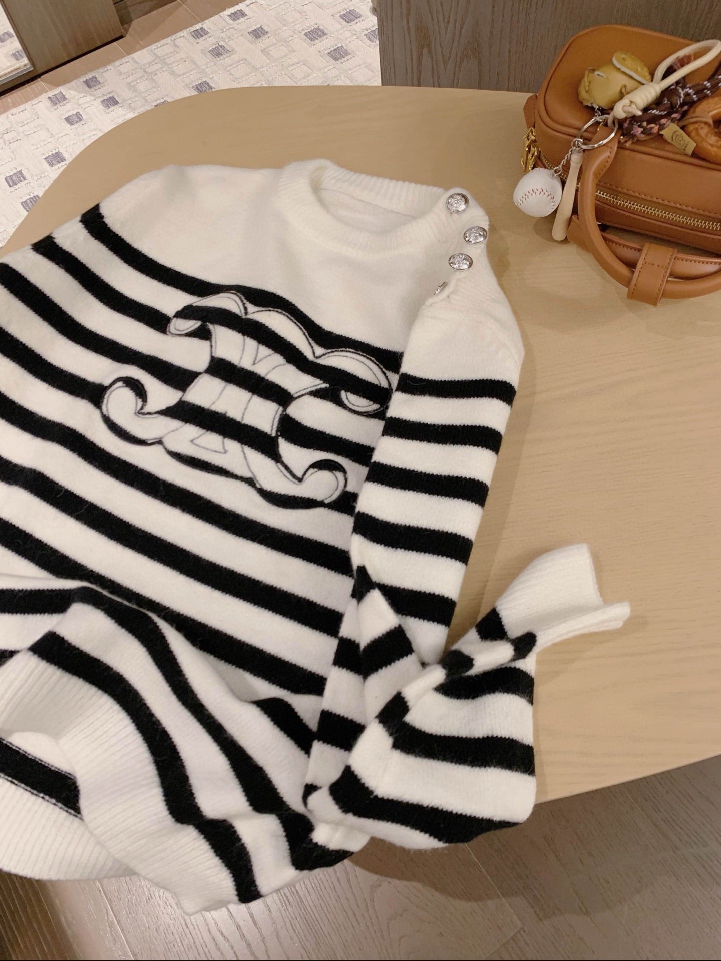 Celine Arc de Triomphe Appliqué Embroidered Striped Knit Sweater