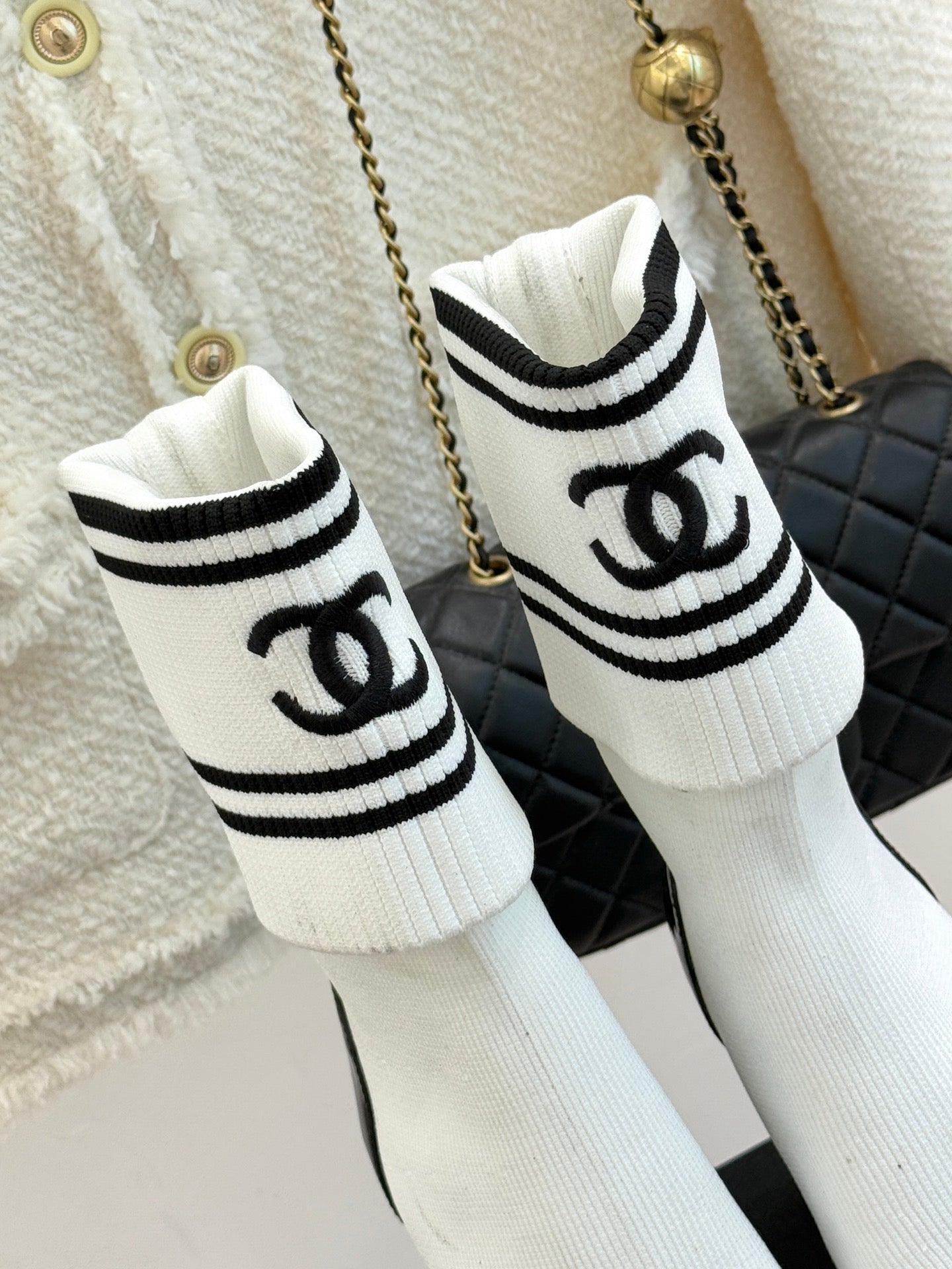 Chanel Classic Embroidered Double C Color-Block Sock Boots