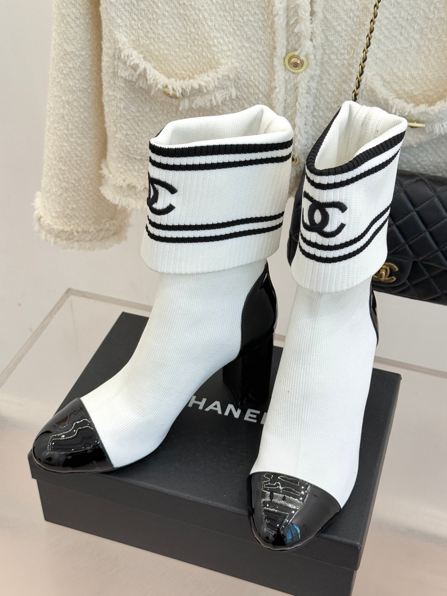 Chanel Classic Embroidered Double C Color-Block Sock Boots