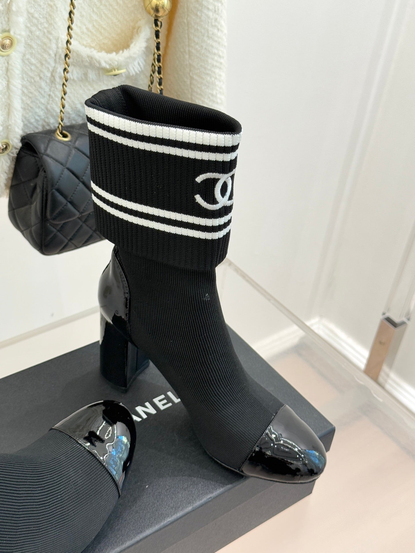 Chanel Classic Embroidered Double C Color-Block Sock Boots