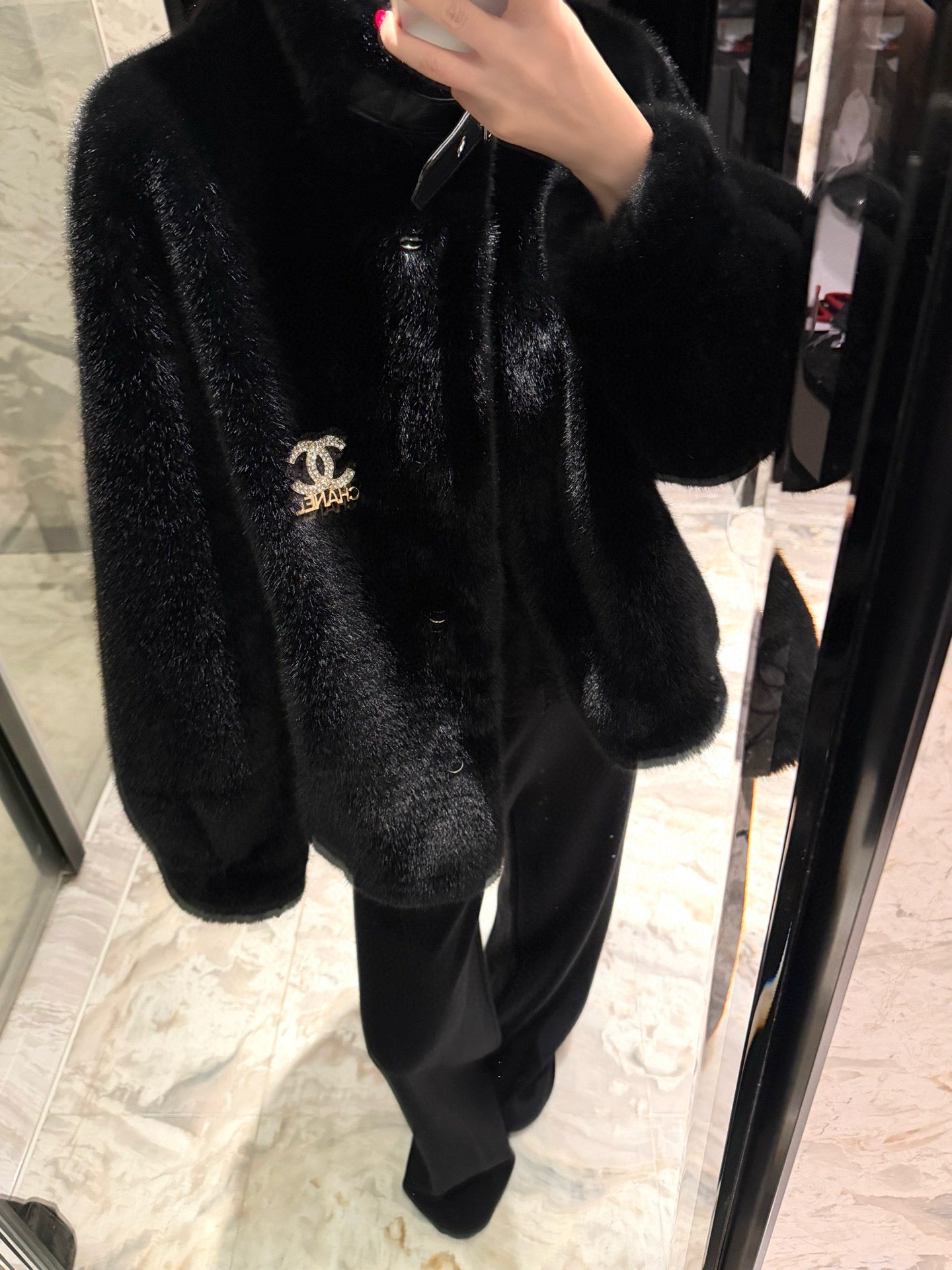 Chanel Faux Fur Coat with Brooch