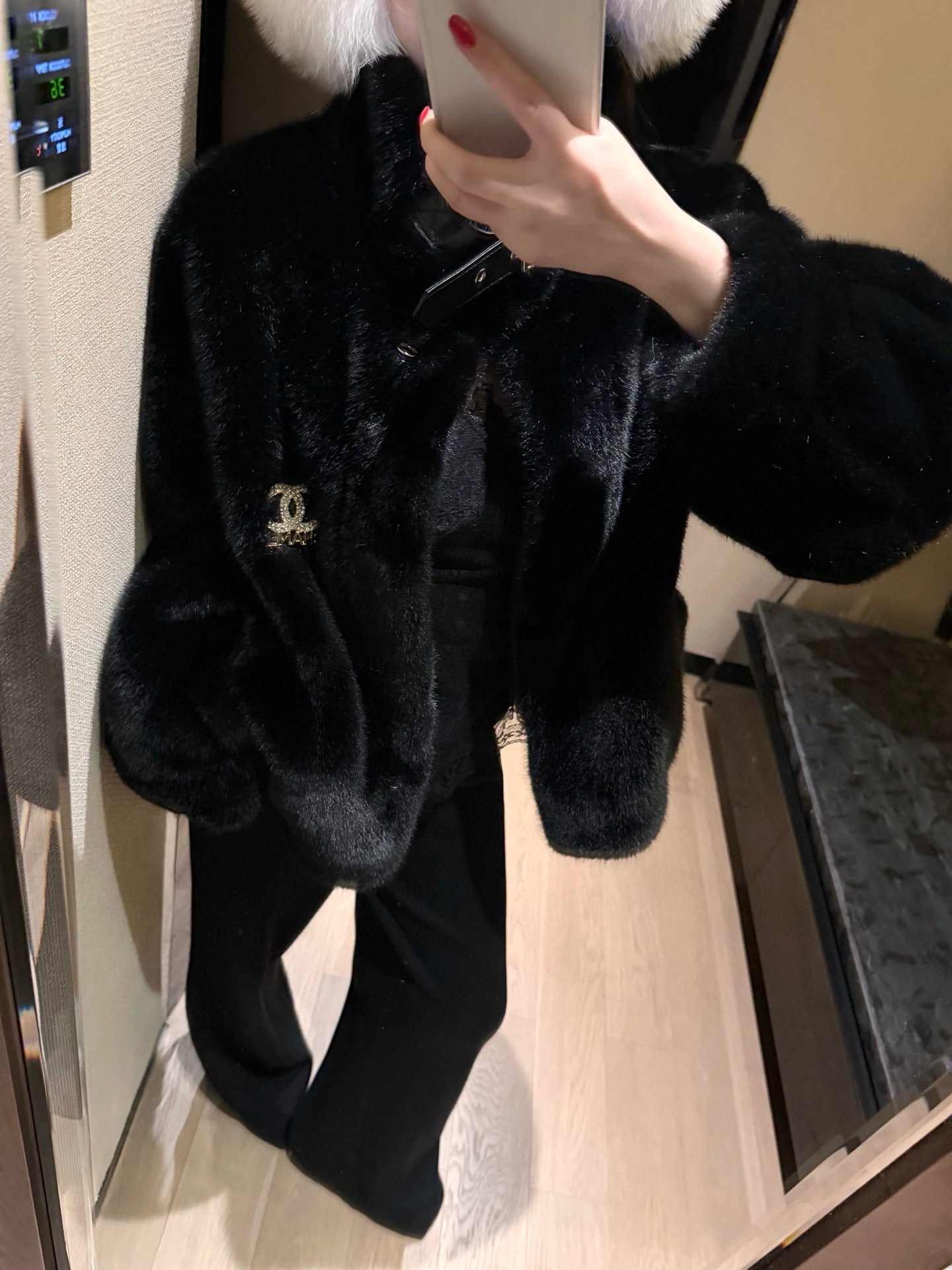 Chanel Faux Fur Coat with Brooch