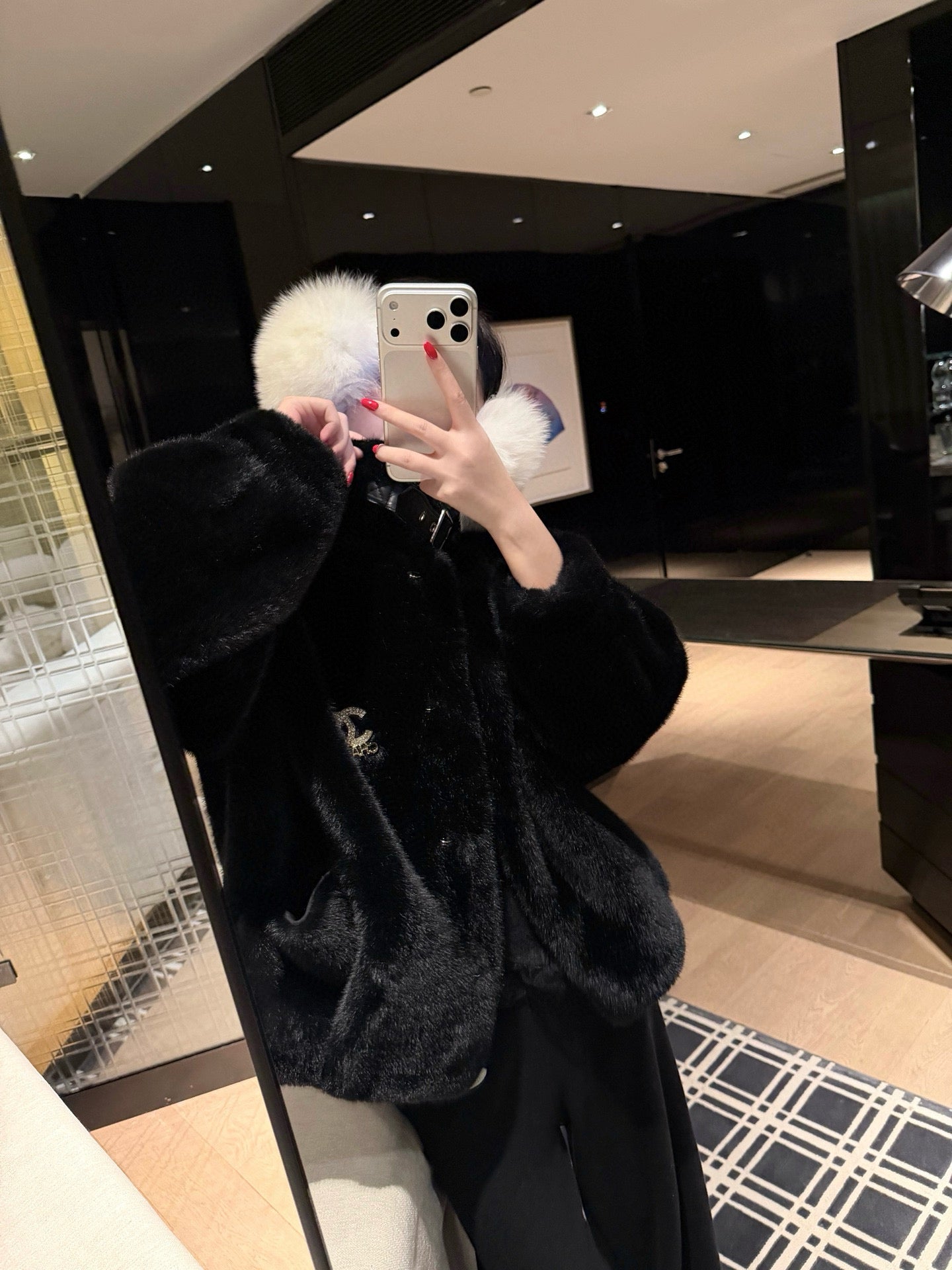 Chanel Faux Fur Coat with Brooch