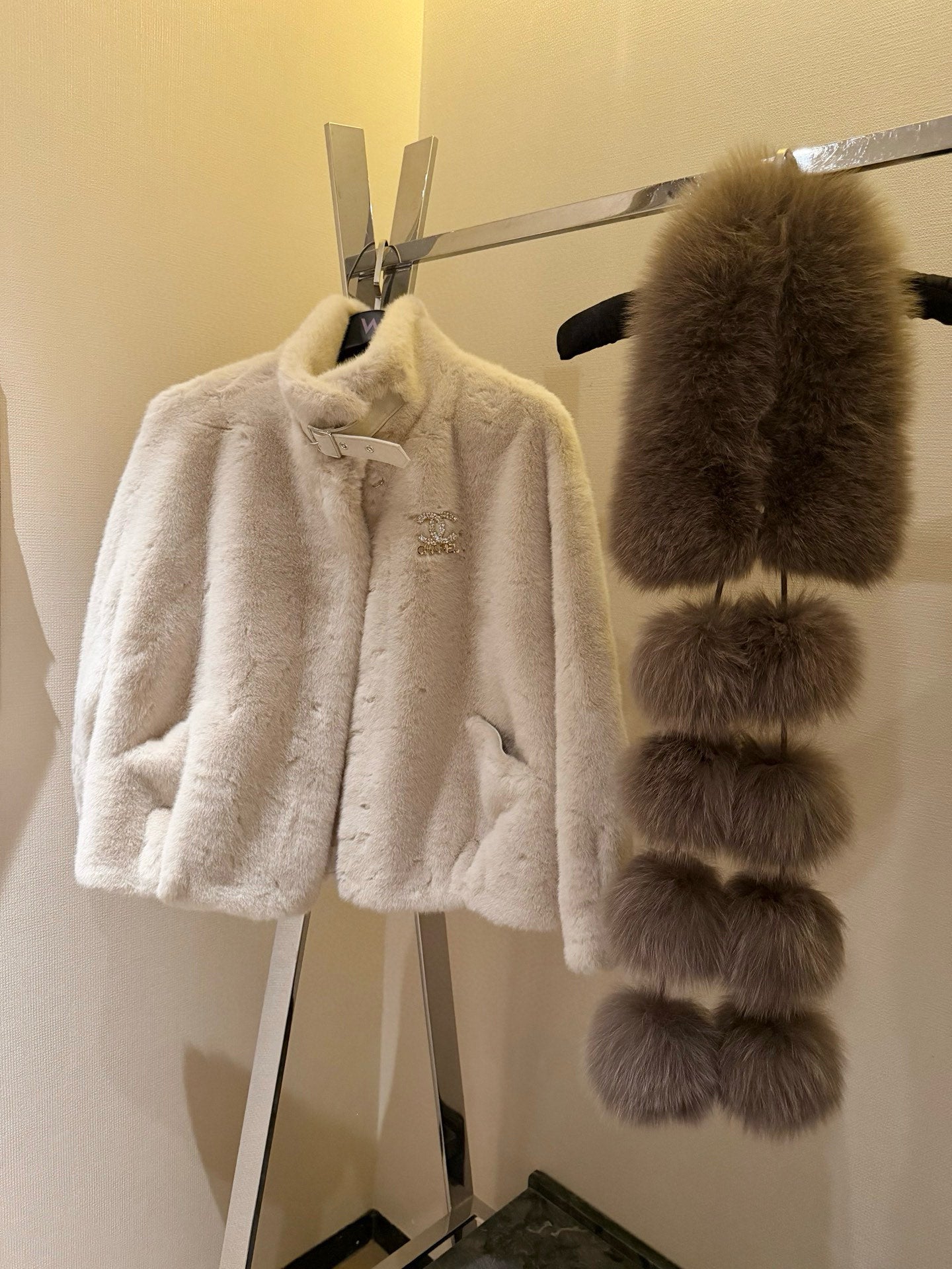 Chanel Faux Fur Coat with Brooch