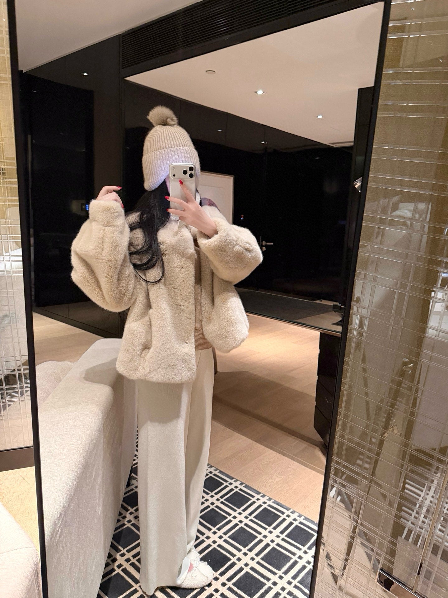 Chanel Faux Fur Coat with Brooch