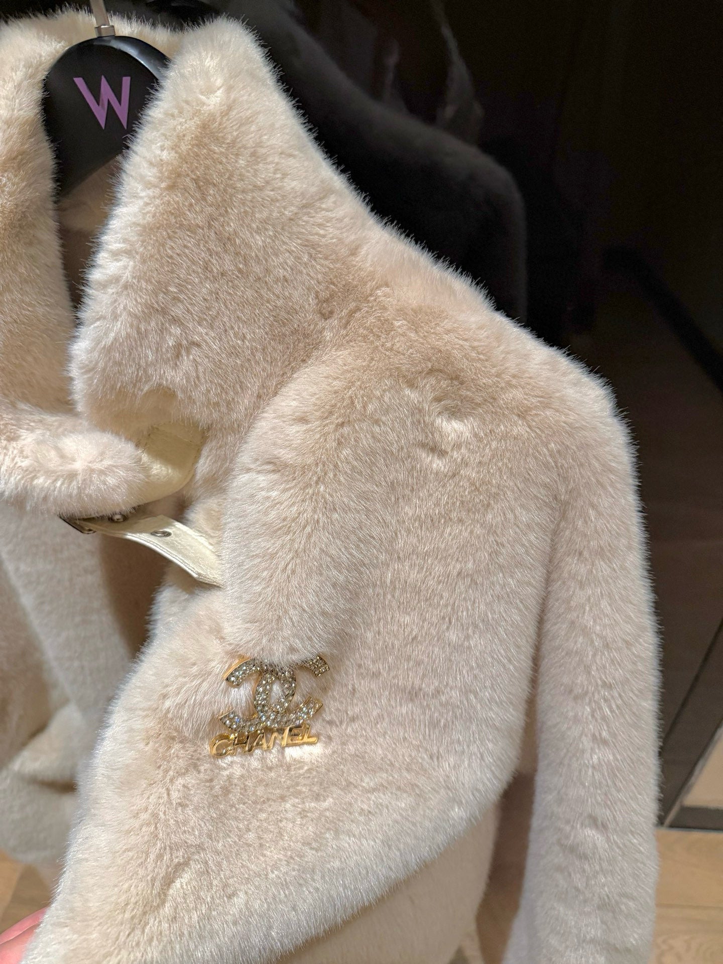 Chanel Faux Fur Coat with Brooch