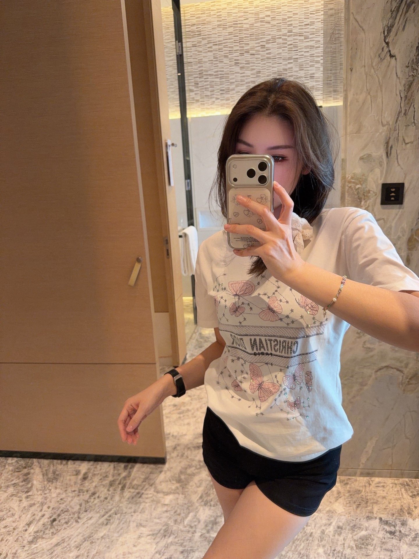 Dior Pink Butterfly Rhinestone Print T-Shirt