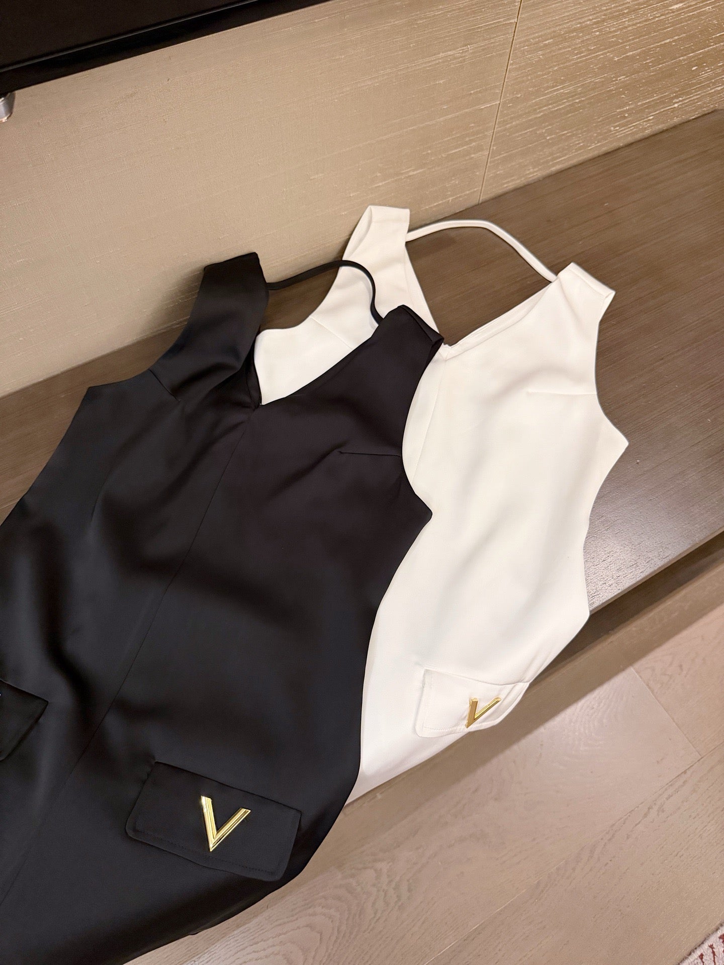 Valentino V-Neck Satin Dress with V Logo Detail