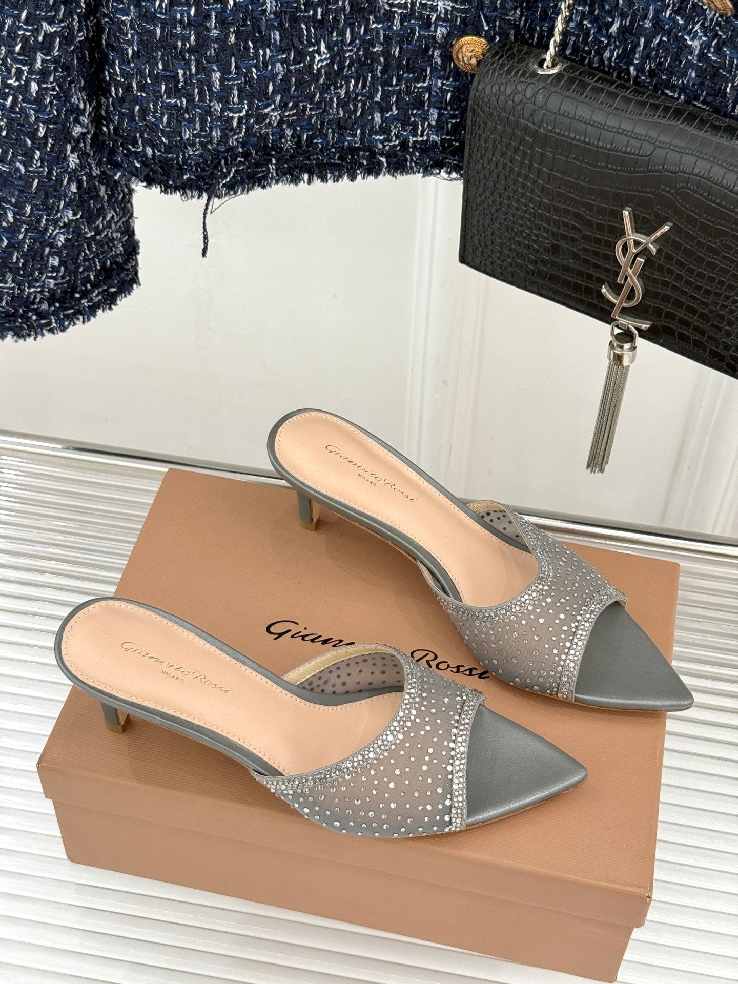 Gianvito Rossi Mesh Rhinestone Pointed-Toe Mules – 26WF