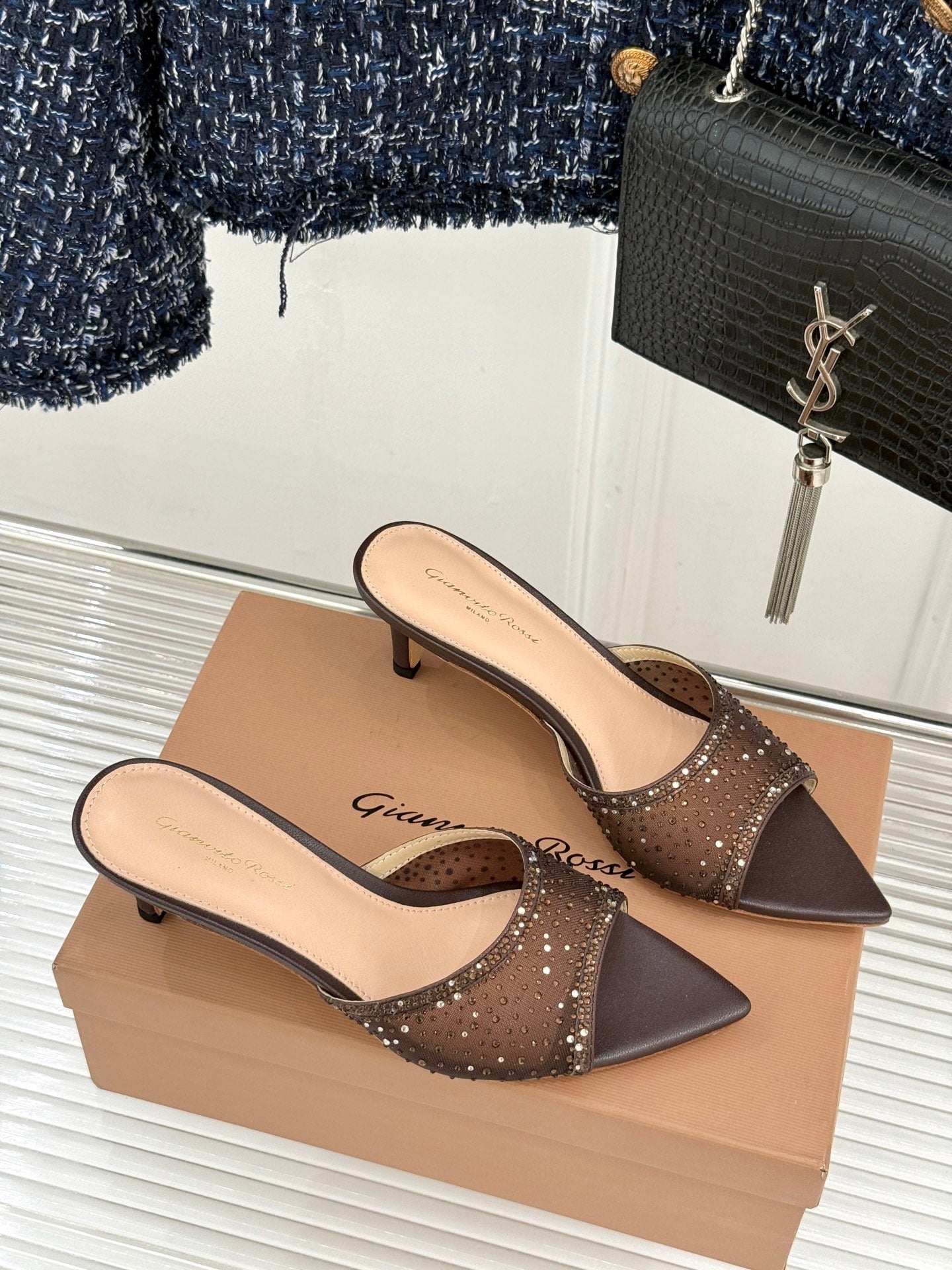 Gianvito Rossi Mesh Rhinestone Pointed-Toe Mules – 26WF