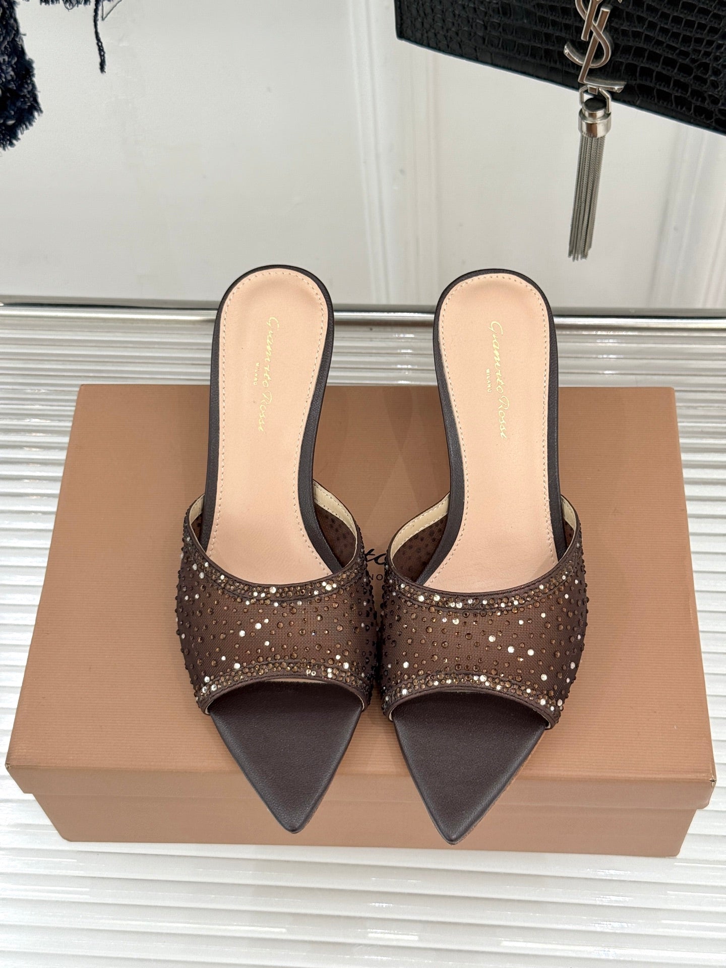 Gianvito Rossi Mesh Rhinestone Pointed-Toe Mules – 26WF