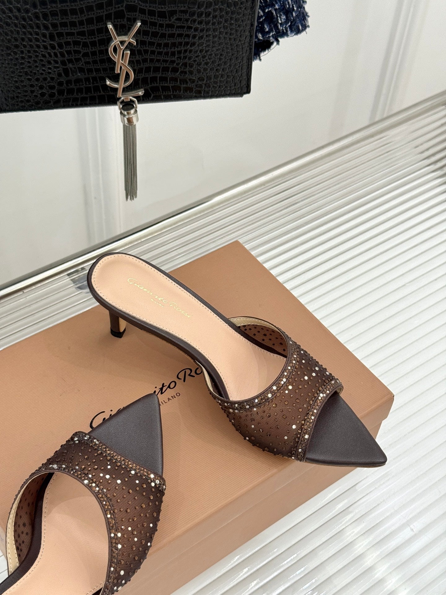 Gianvito Rossi Mesh Rhinestone Pointed-Toe Mules – 26WF