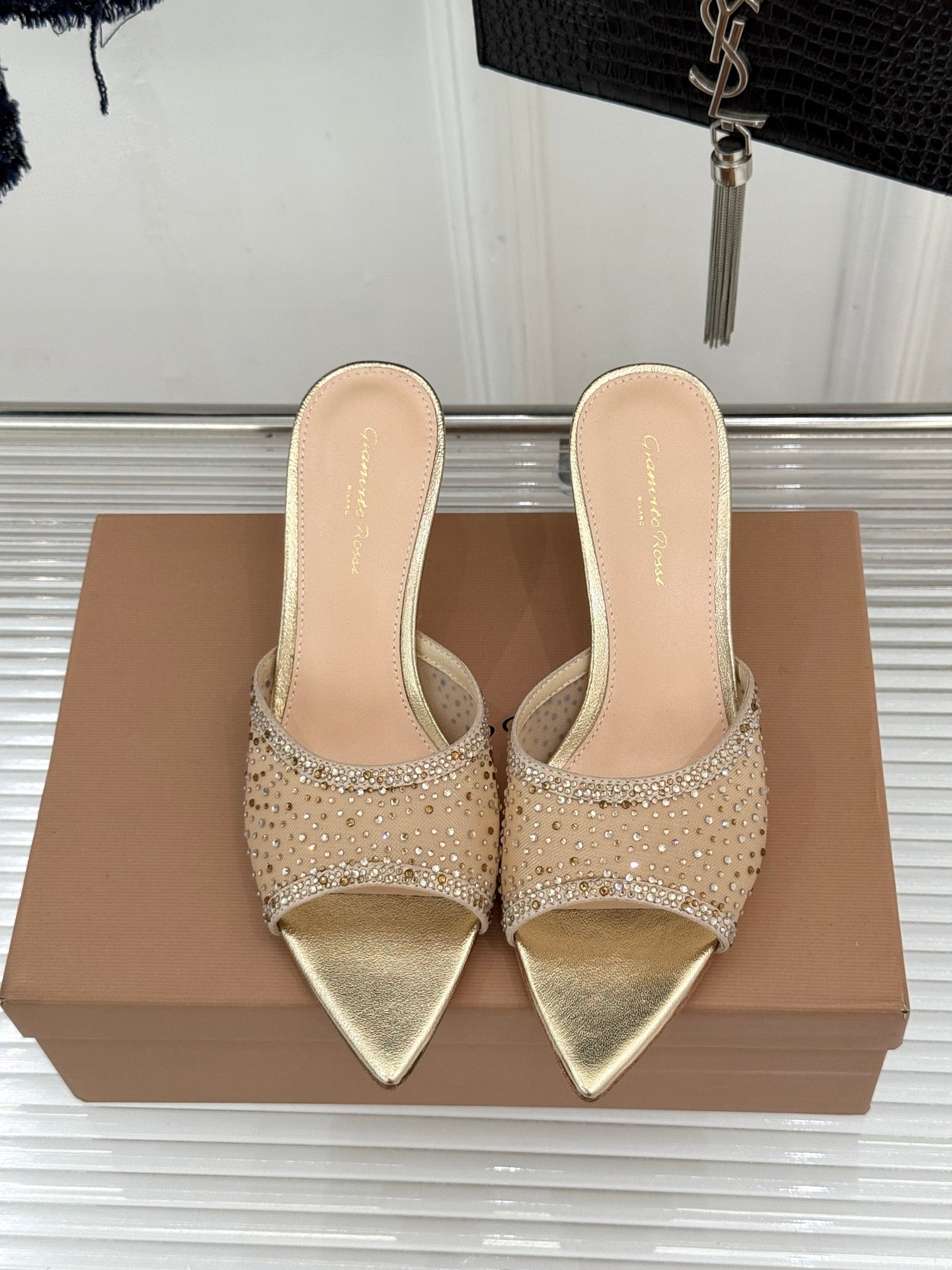 Gianvito Rossi Mesh Rhinestone Pointed-Toe Mules – 26WF