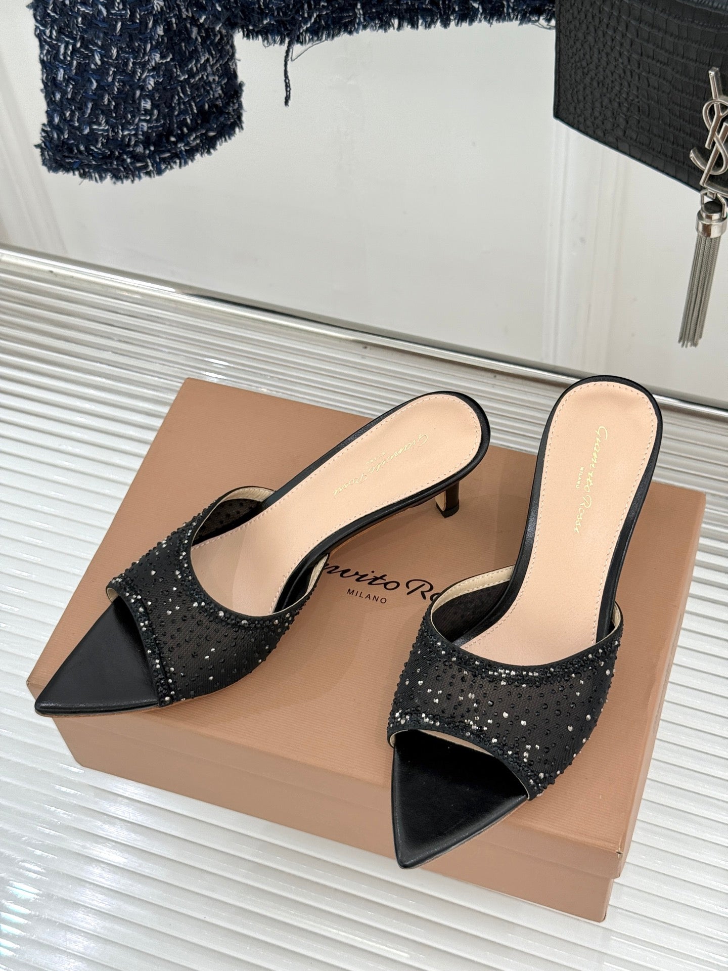 Gianvito Rossi Mesh Rhinestone Pointed-Toe Mules – 26WF