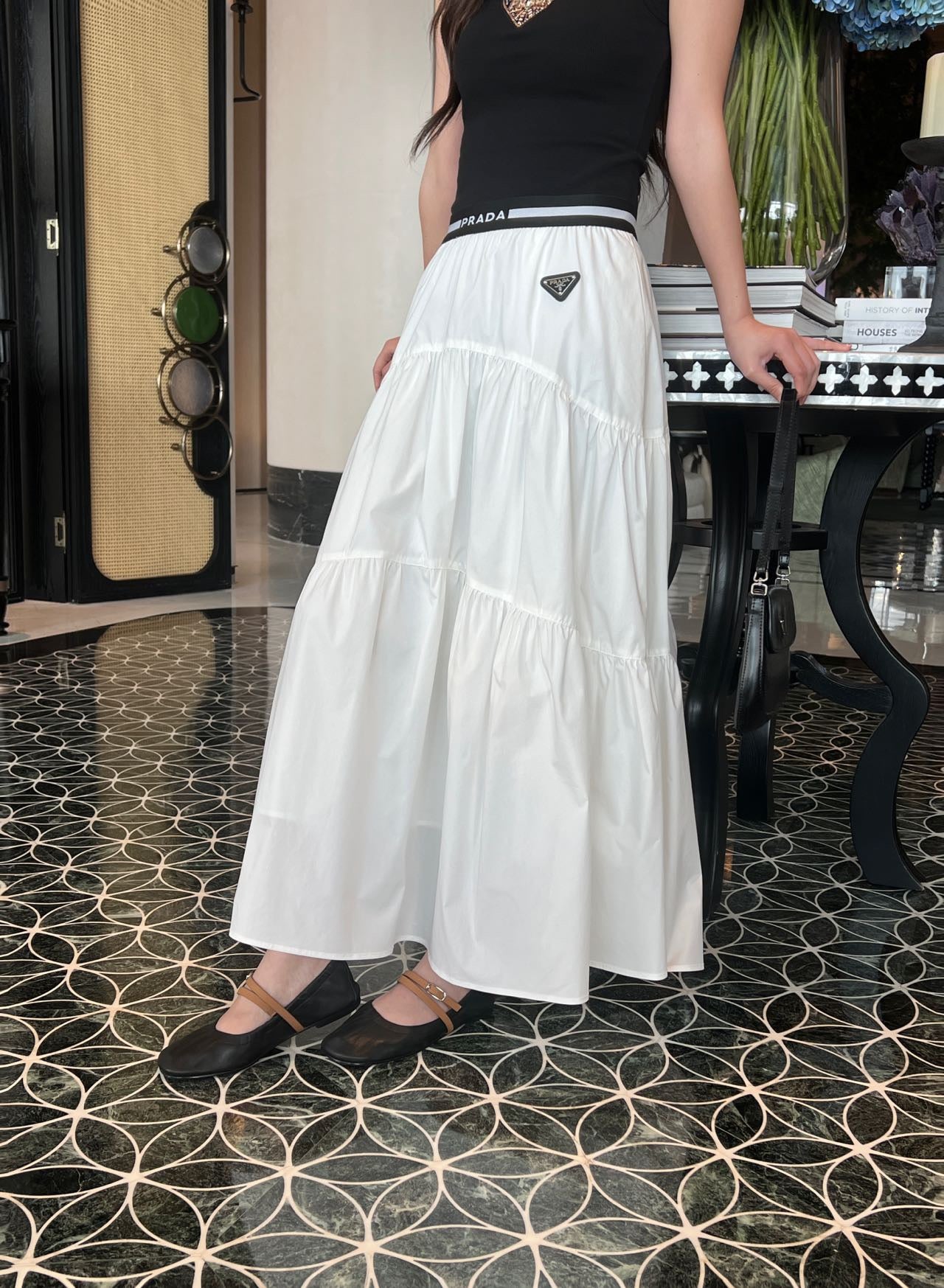 Prada Triangle Logo Webbing Waistband Flared Skirt