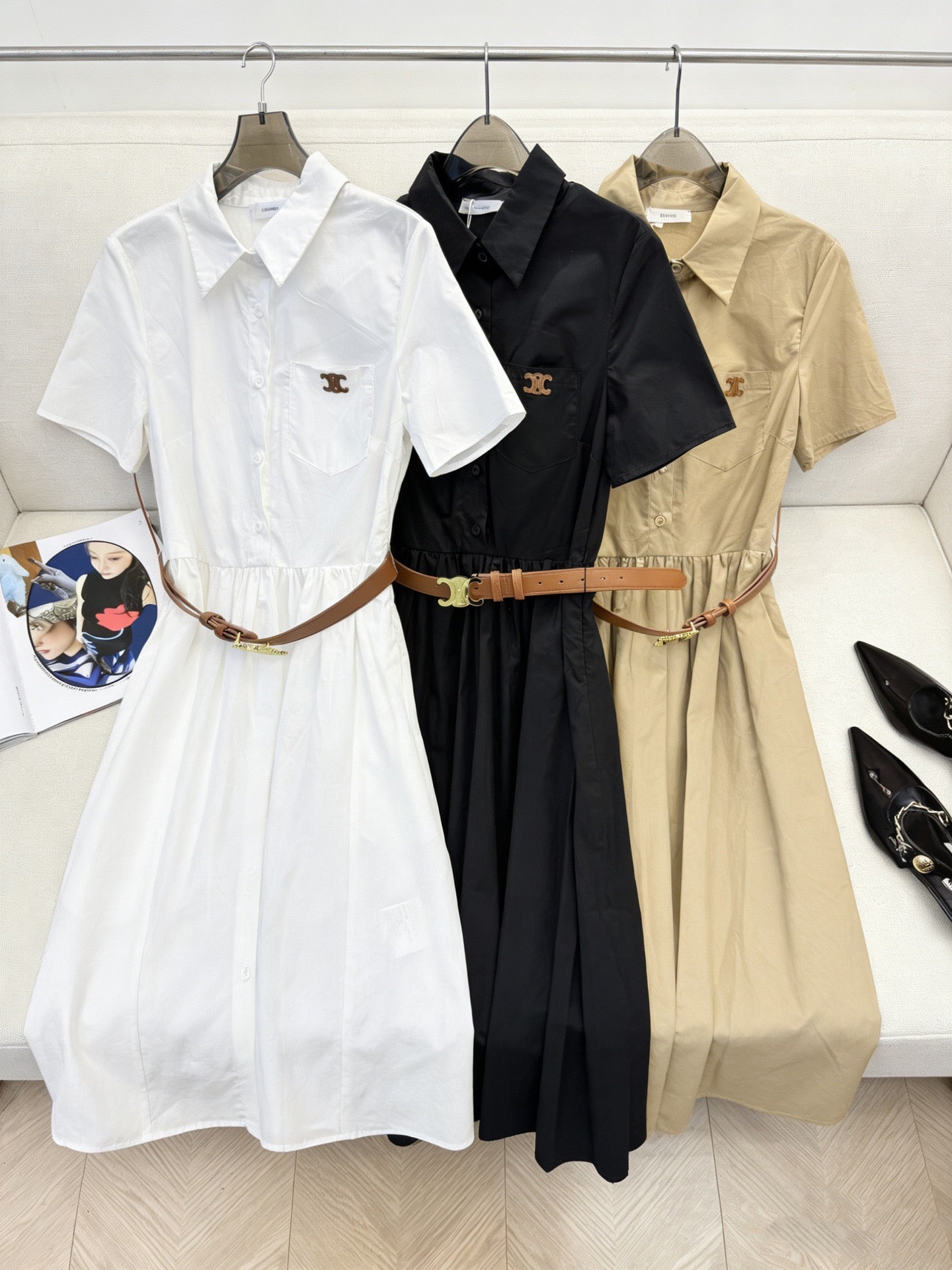Celine Triomphe Embroidered Lapel Short-Sleeved Dress