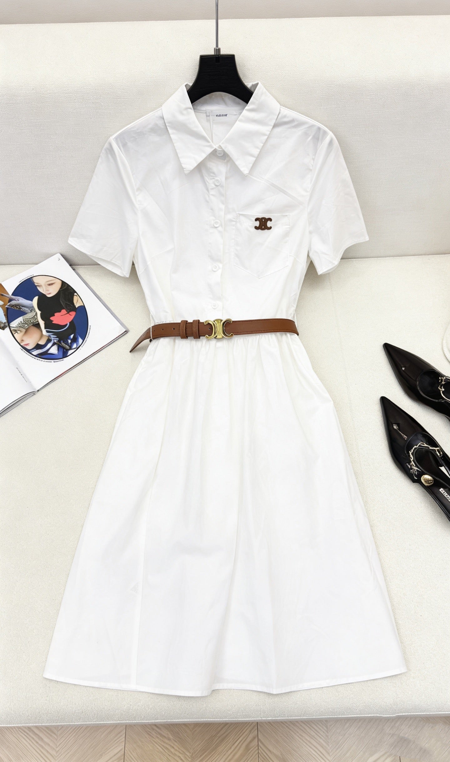 Celine Triomphe Embroidered Lapel Short-Sleeved Dress