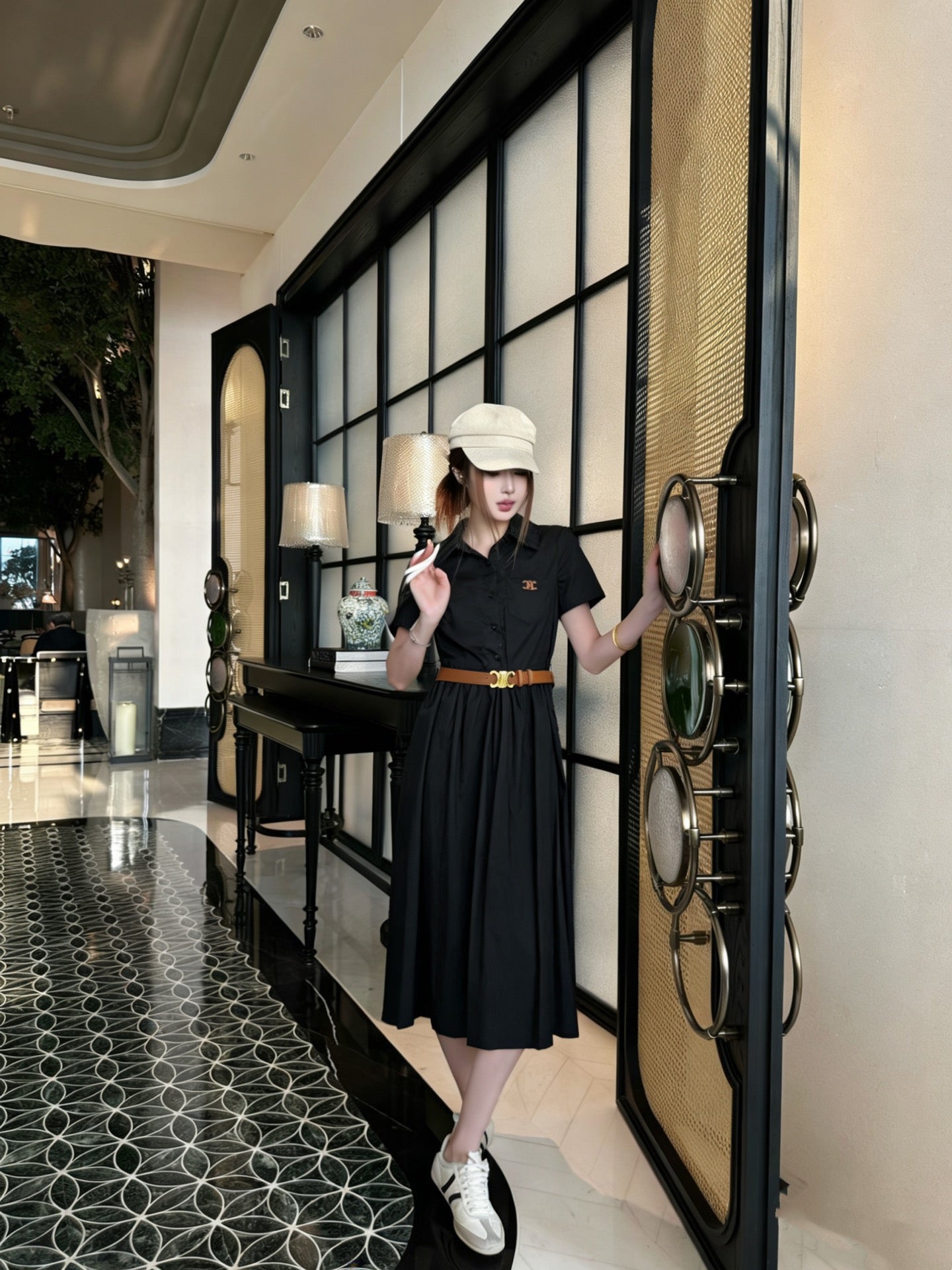 Celine Triomphe Embroidered Lapel Short-Sleeved Dress