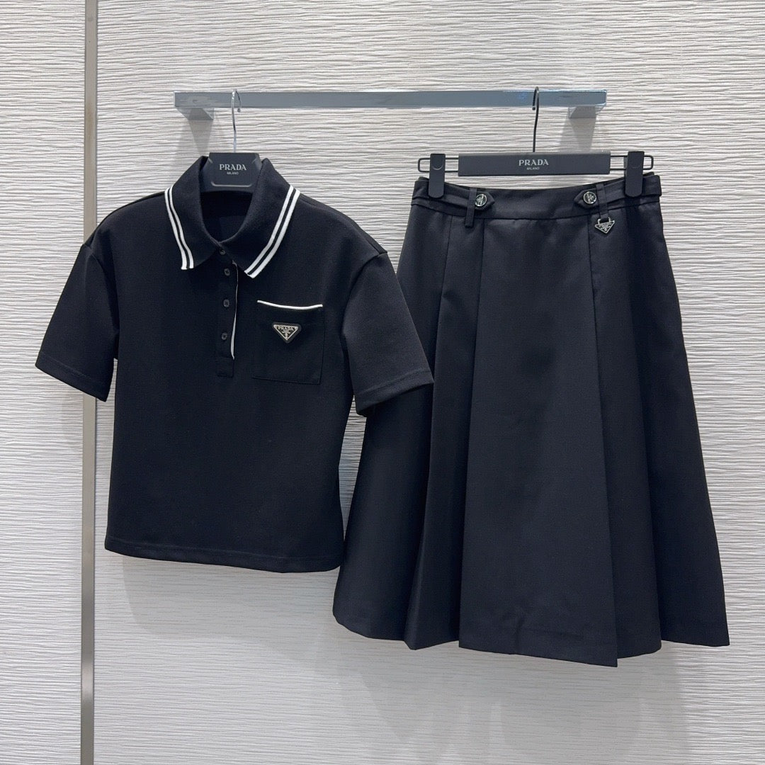 Prada Letter Triangle Logo Pleated Skirt Set