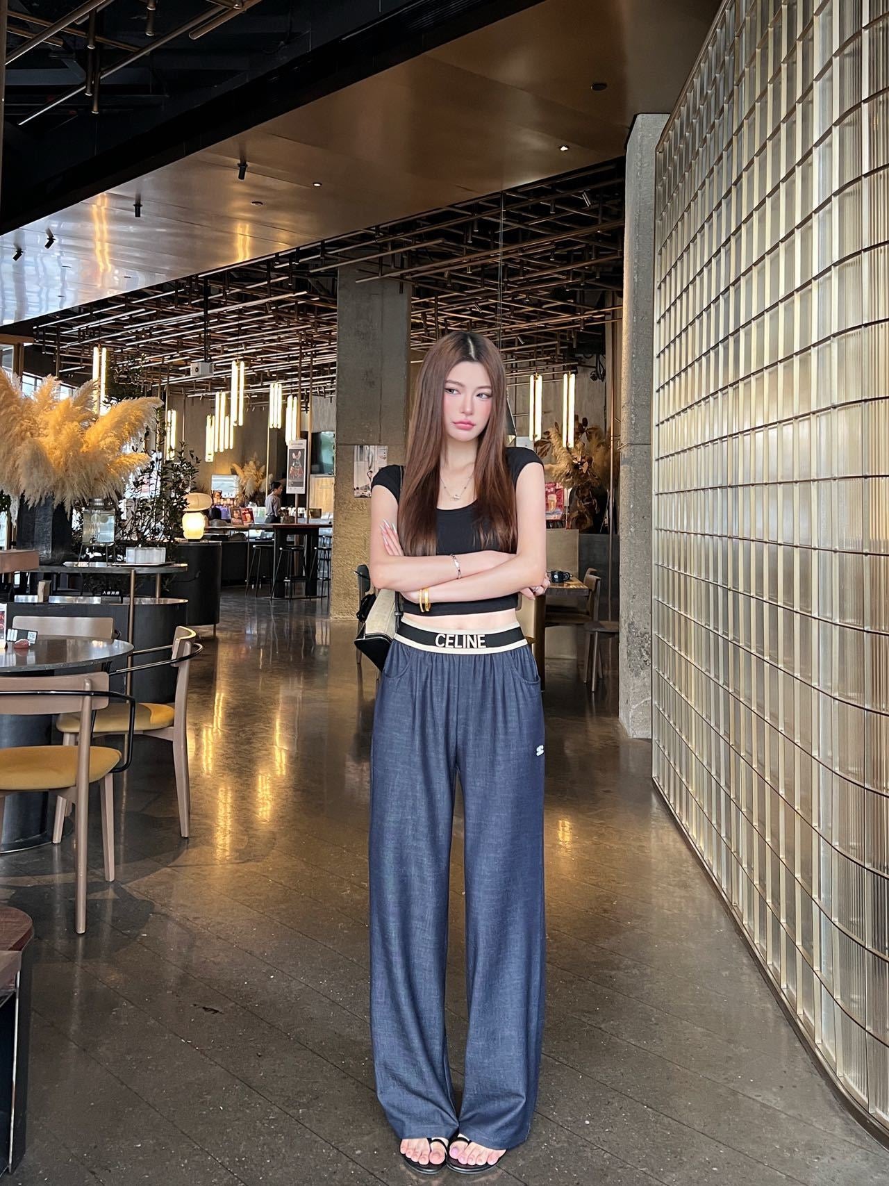 Celine Triomphe Embroidered Wide-Leg Jeans