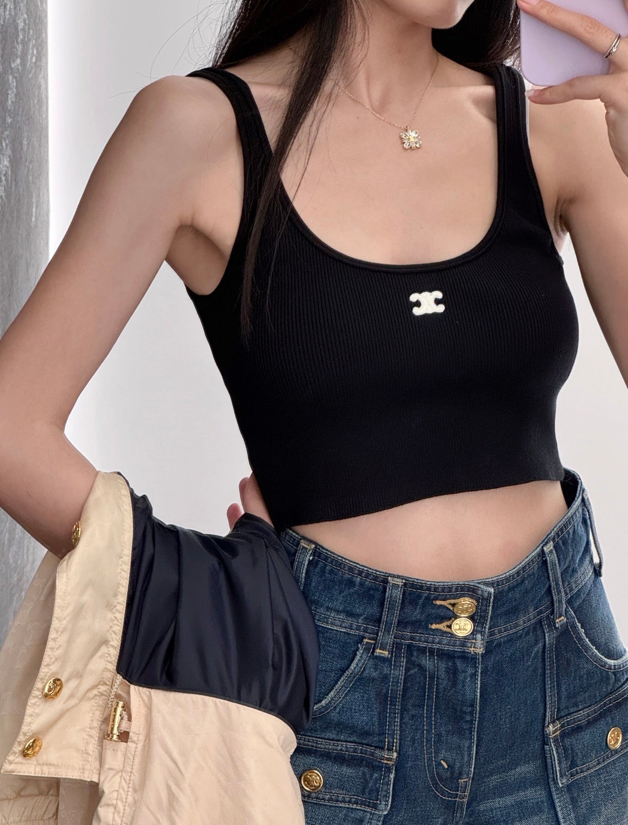 Celine Triomphe Embroidered Knit Tank Top