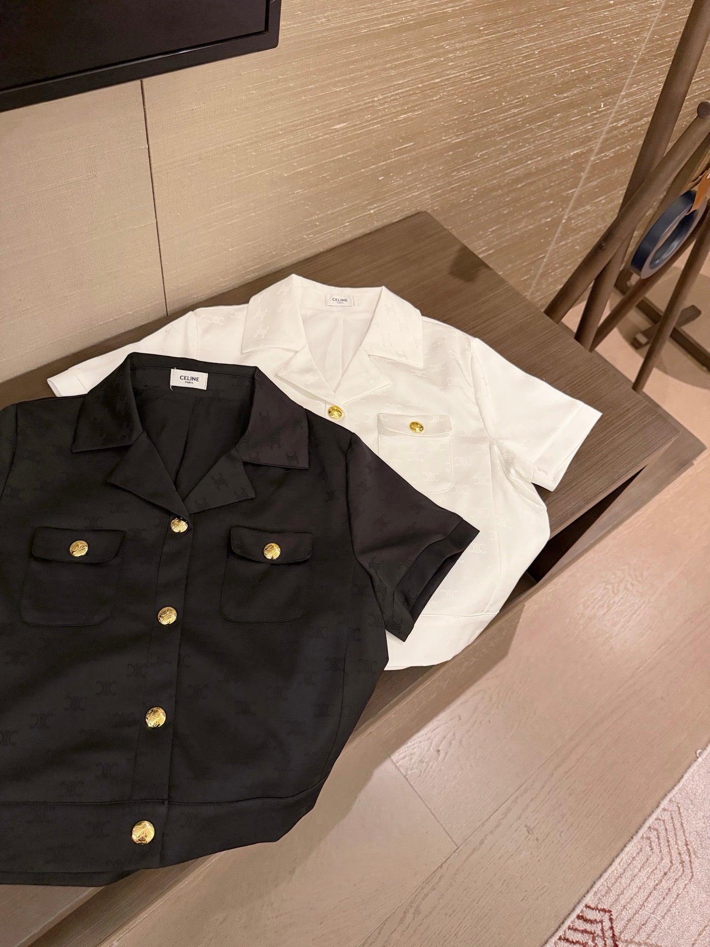 Celine Triomphe Jacquard Satin Short-Sleeved Blazer and Skirt Set