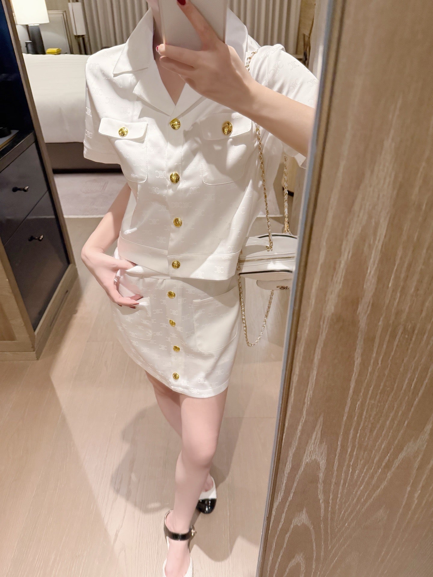 Celine Triomphe Jacquard Satin Short-Sleeved Blazer and Skirt Set