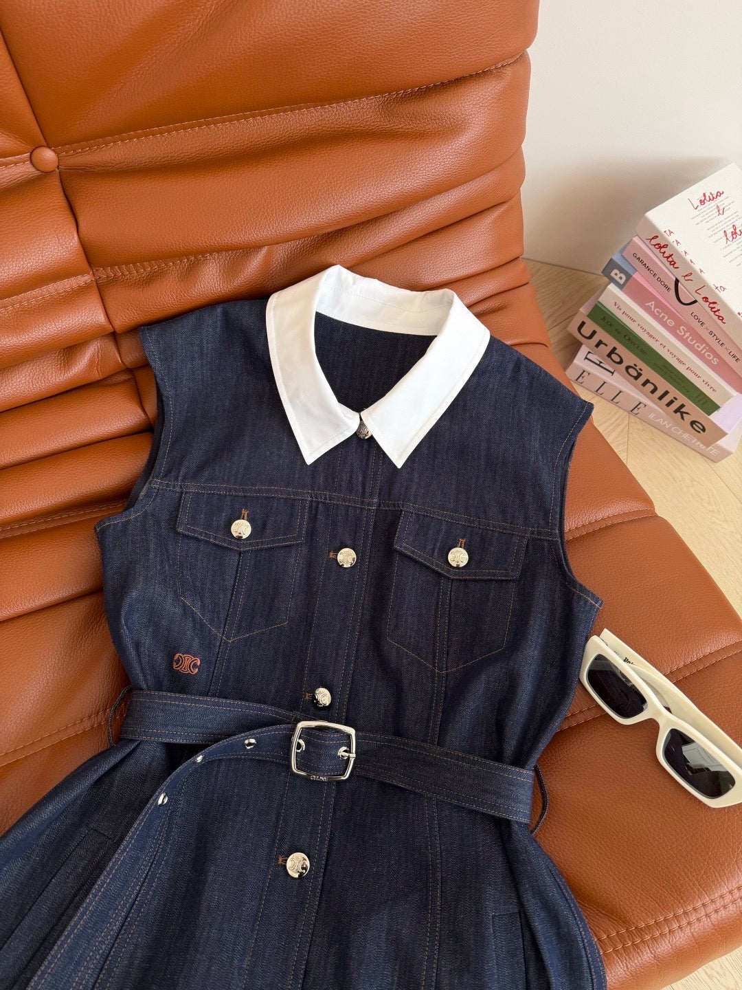 Celine Triomphe Embroidered Contrast Lapel Denim Dress