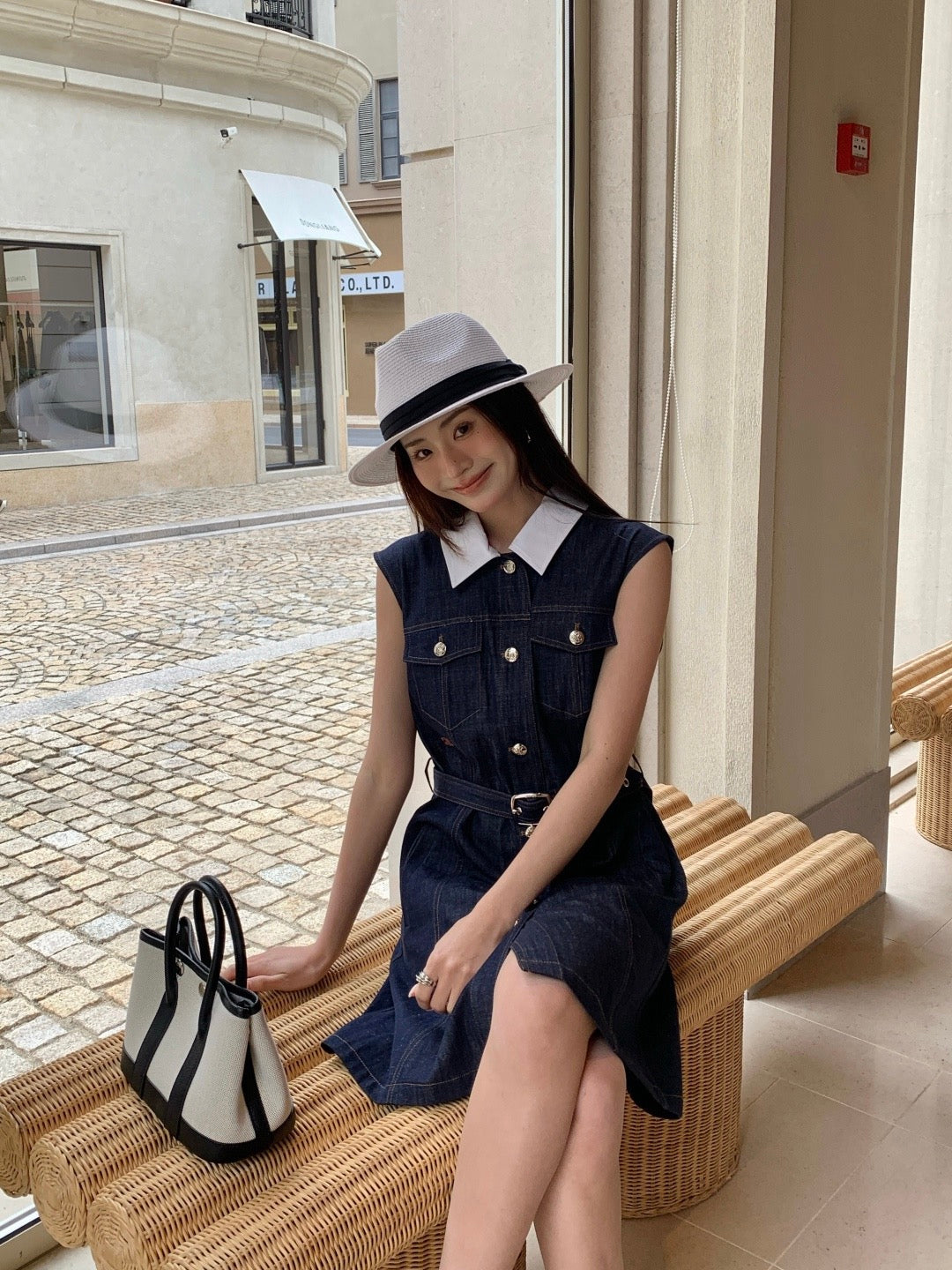 Celine Triomphe Embroidered Contrast Lapel Denim Dress