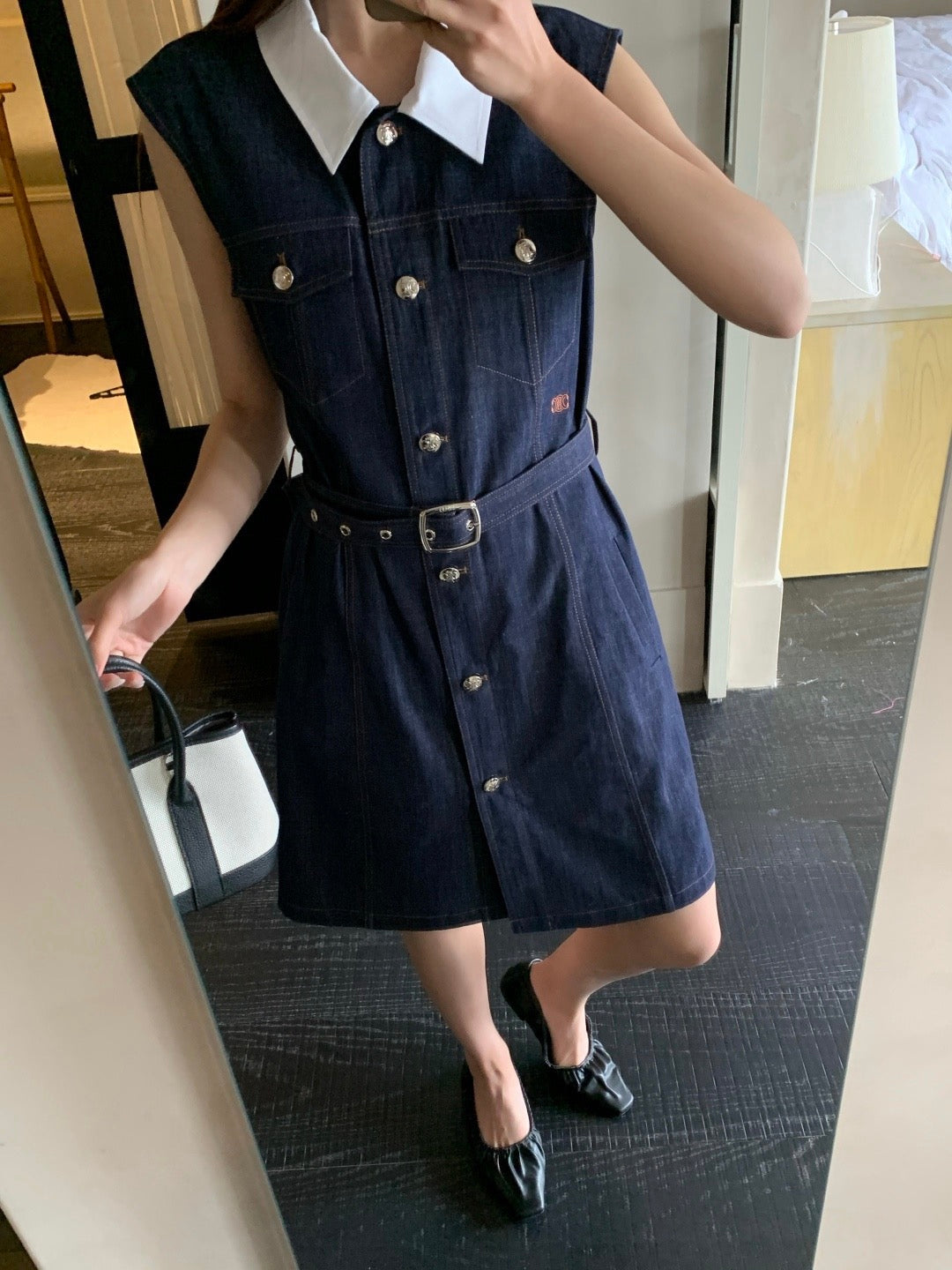 Celine Triomphe Embroidered Contrast Lapel Denim Dress