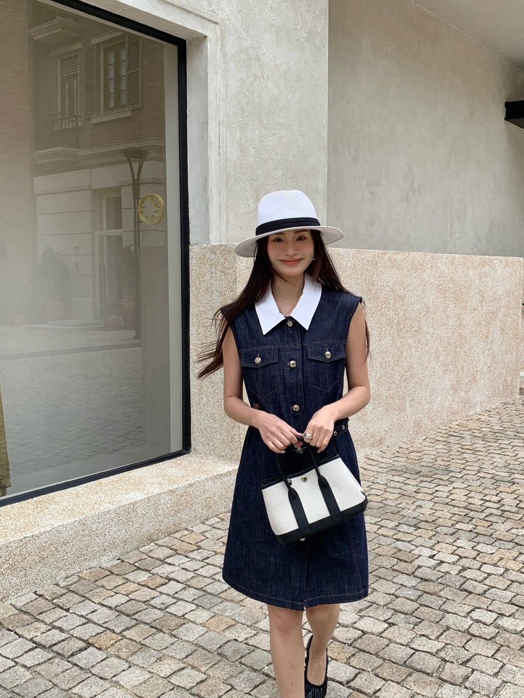 Celine Triomphe Embroidered Contrast Lapel Denim Dress