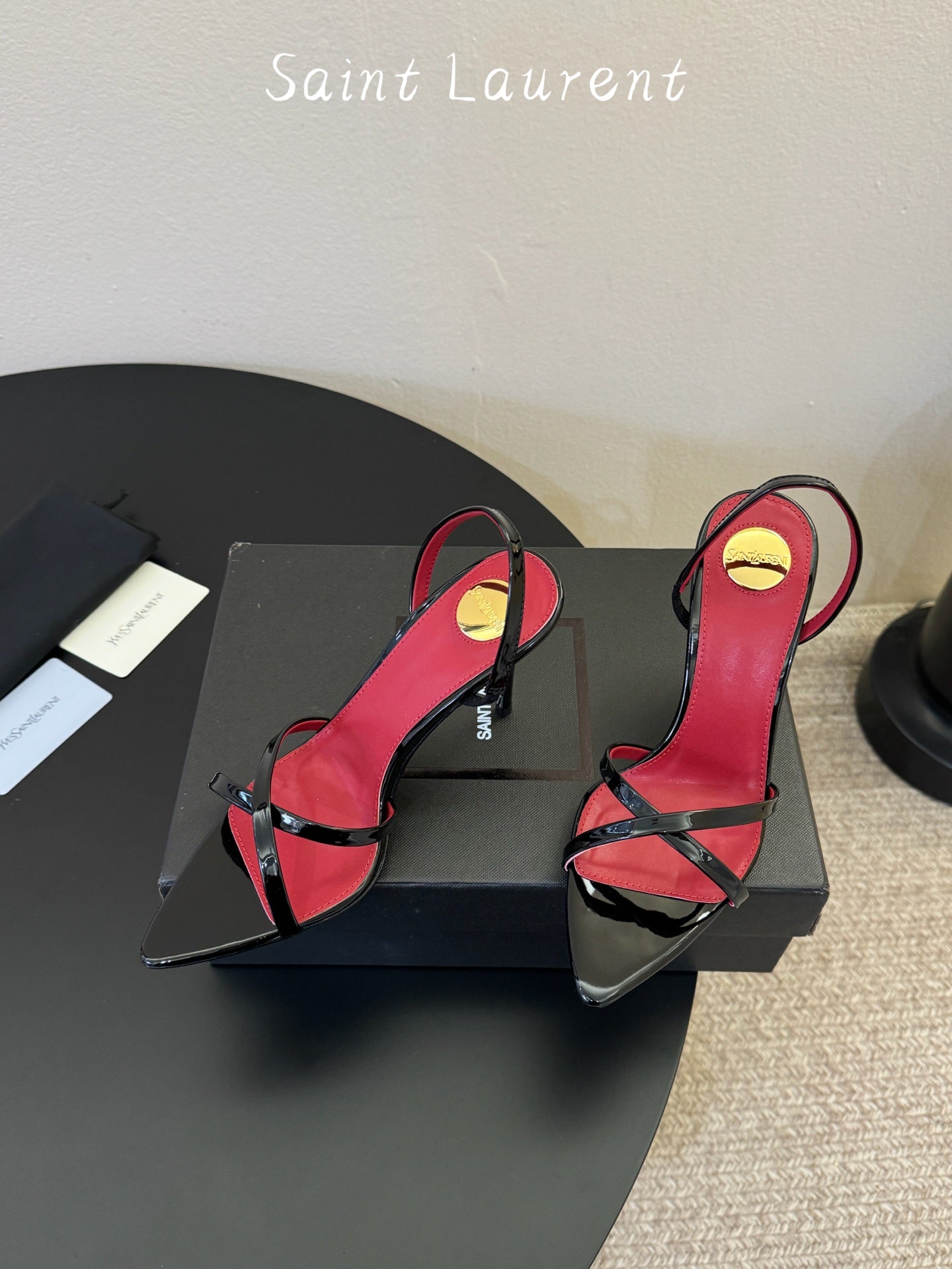 Saint Laurent Metal Logo Satin Heeled Sandals