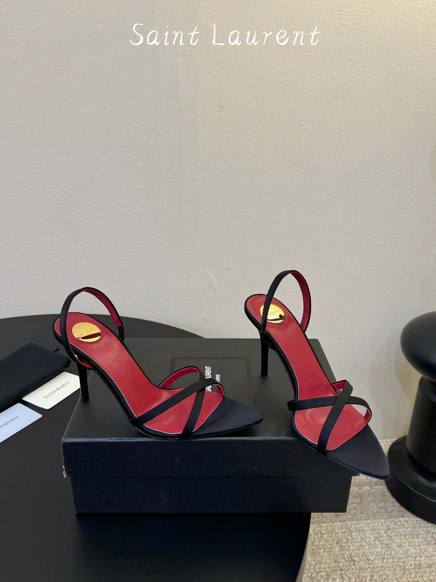 Saint Laurent Metal Logo Satin Heeled Sandals